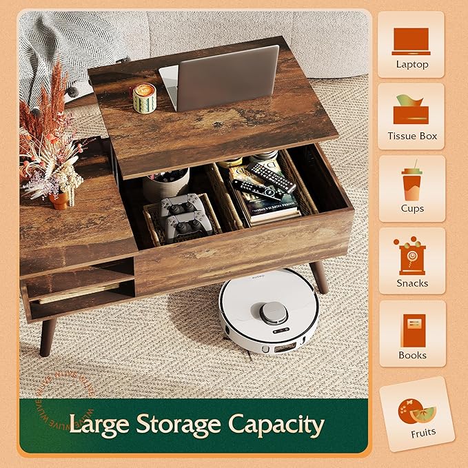 WLIVE Coffee Table with Lifting Top, Hidden Storage & Adjustable Shelf for Living Room Small Space, Multifunctional Rising Wooden Center Table, Mid Century Modern Tables for Home Dining Office, Brown