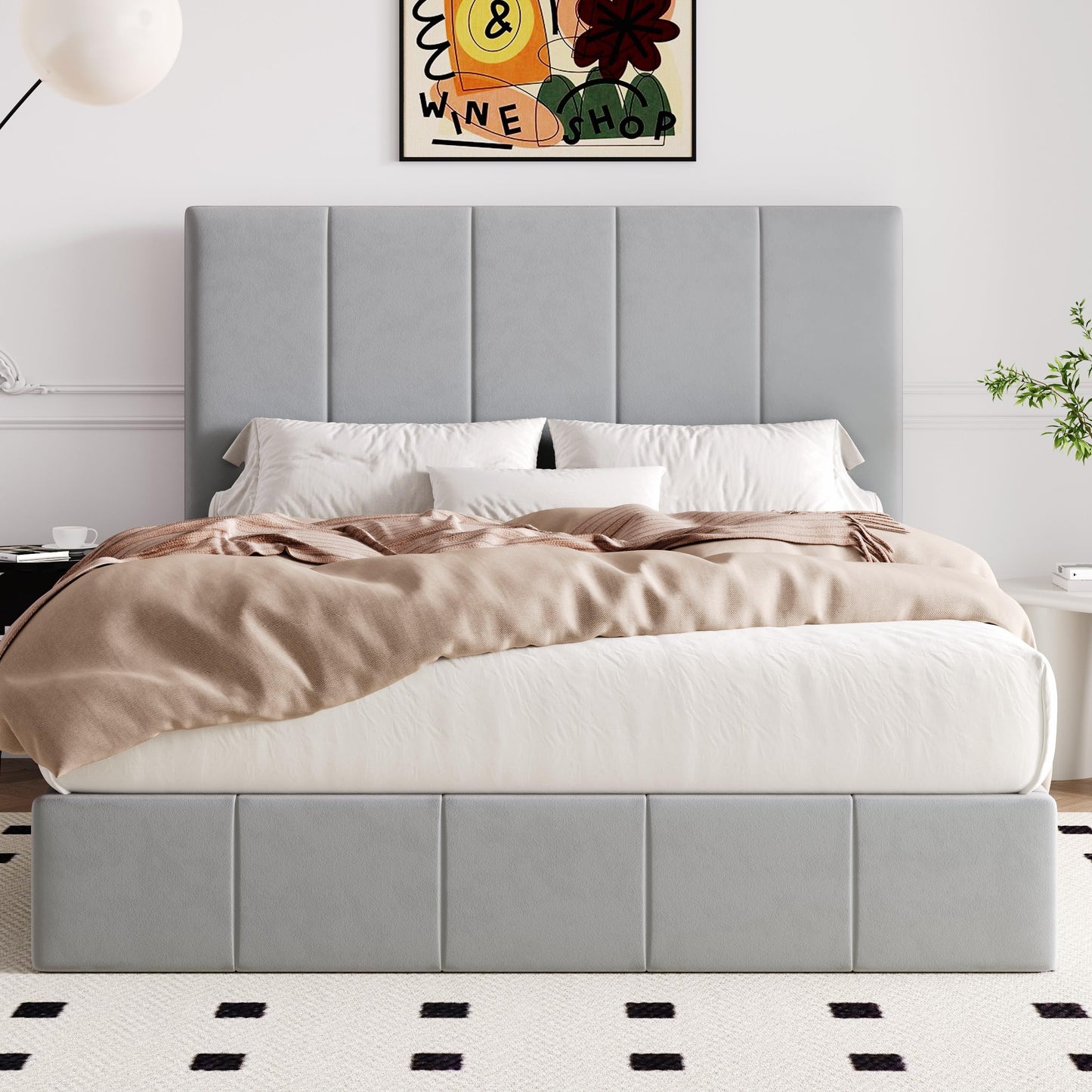 Allewie Full Size Velvet Lift Up Storage Bed Frame, Vertical Channel Tufted Headboard, Hydrualic Underneath Storage, Upholstered Platform Bed, Wooden Slats Support, No Box Spring Needed, Gray