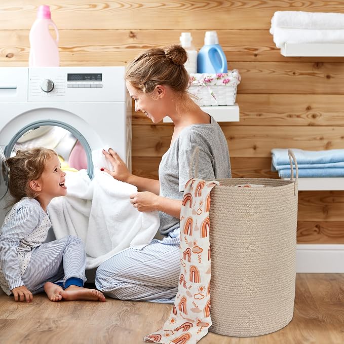XUANGUO Cotton Rope Laundry Basket Hamper for Clothes Woven Storage Basket for Living Room Bedroom Boho Tall Rope Baskets for Blanket Toys Pillow Towels Baby Nursery Hamper Bin Large oatmeal