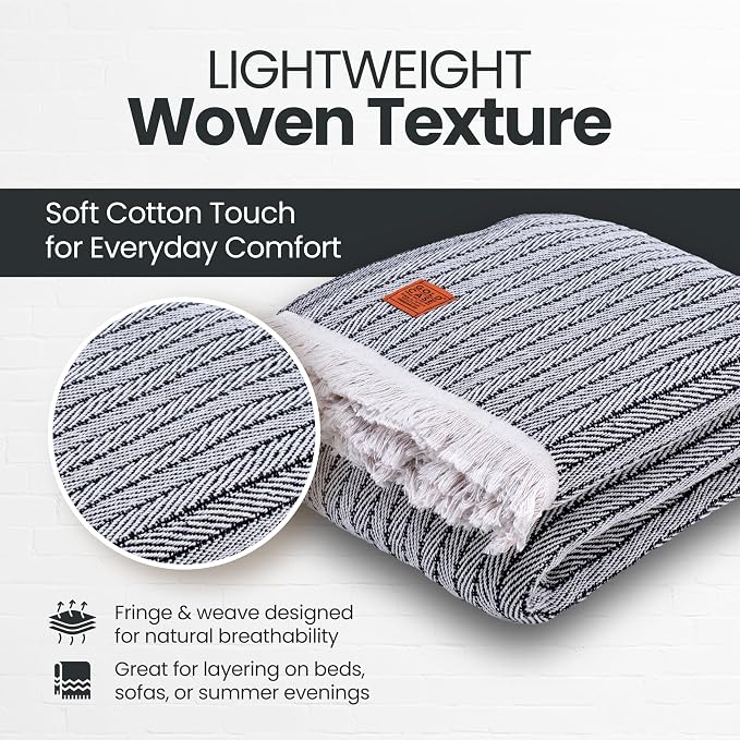Gold Case Throw Blanket for Bed - 100% Recycled Turkish Cotton Blanket - Vintage Lightweight Soft Throw Blankets for Bed & Living Room - Twin Size Cozy Blankets - 71x90 - Black