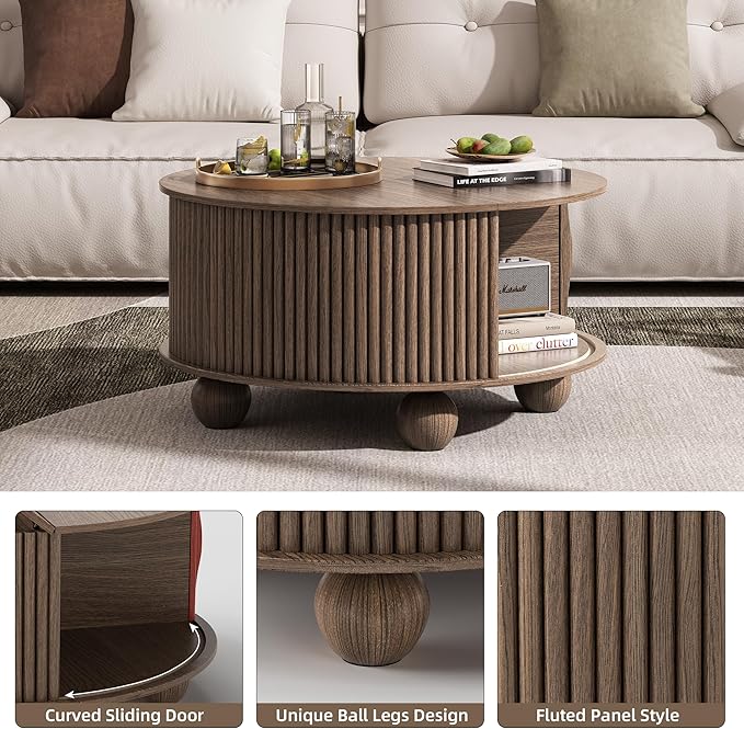 JOINICE Round Coffee Table with Storage, 31.5" Walnut Fluted Drum Center Table, Mid Century Modern Wood Circle Table with Sliding Door & Bun Feet for Living Room