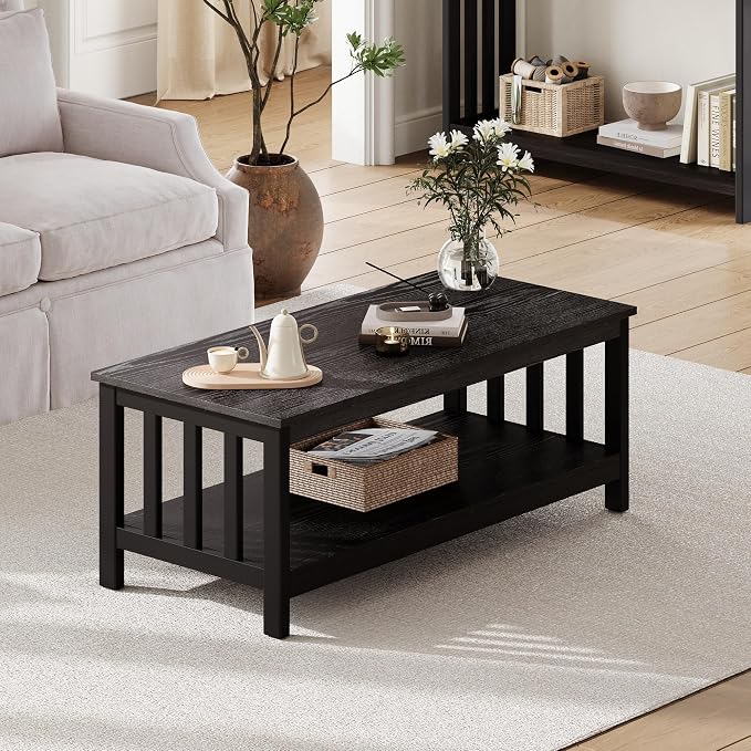 ChooChoo Mission Coffee Table, Black Wood Living Room Table with Shelf, 47 inch