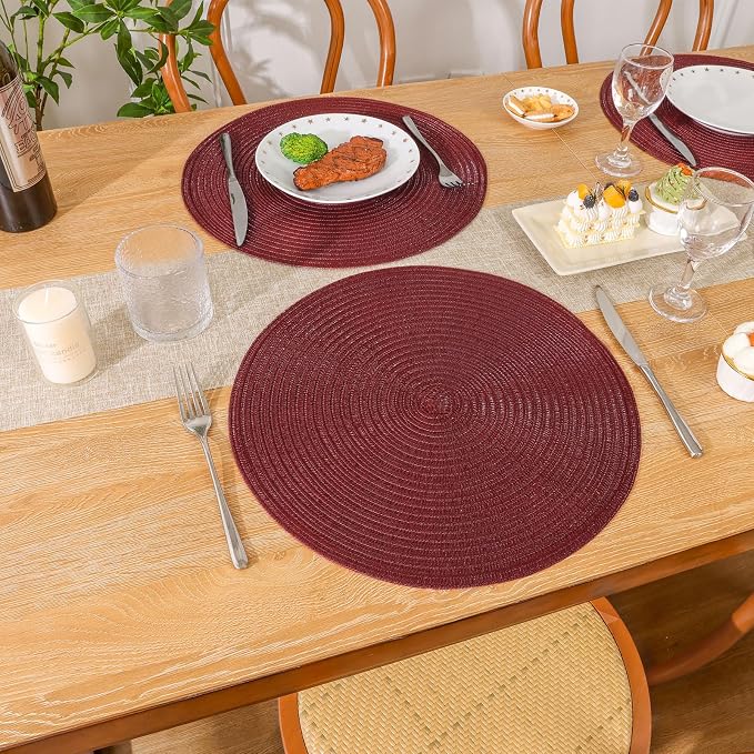 SHACOS Round Placemats Set of 4 for Dining Table 15 inch Round Braided Place Mats Washable Non Slip Kitchen Table Mats, Burgundy