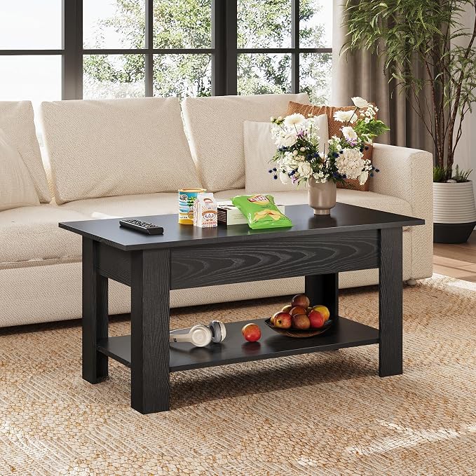 WLIVE Coffee Table, 39" Lift Top Coffee Table with Hidden Compartment, Storage Shelf and Lifting Top for Home Living Room, Office and Reception Room, Black Oak
