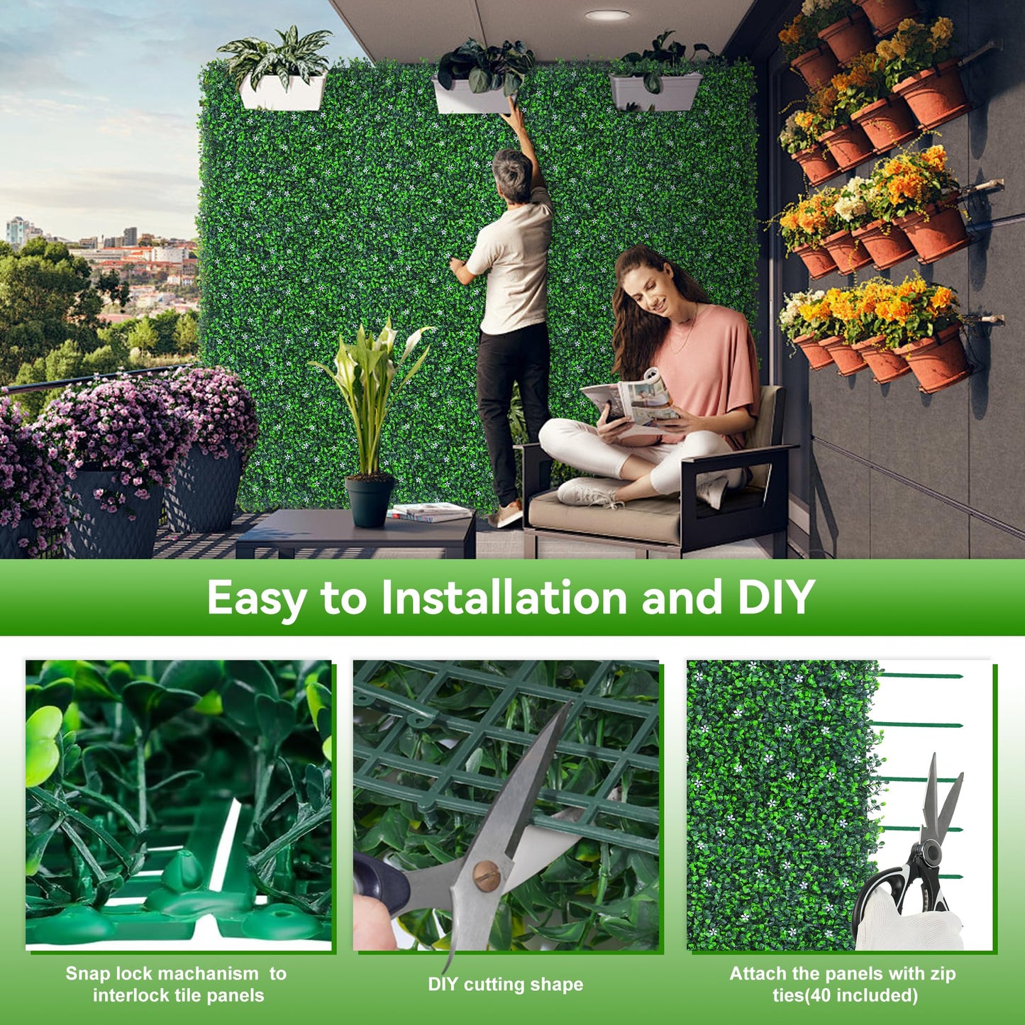 EverNture 40"x120"(33.3 SQFT) Grass Wall Panels, Artificial Grass Backdrop, Fake Greenery Plant Boxwood Roll with Flower, Green Wall Decor for Outdoor Indoor Patio Garden Backyard