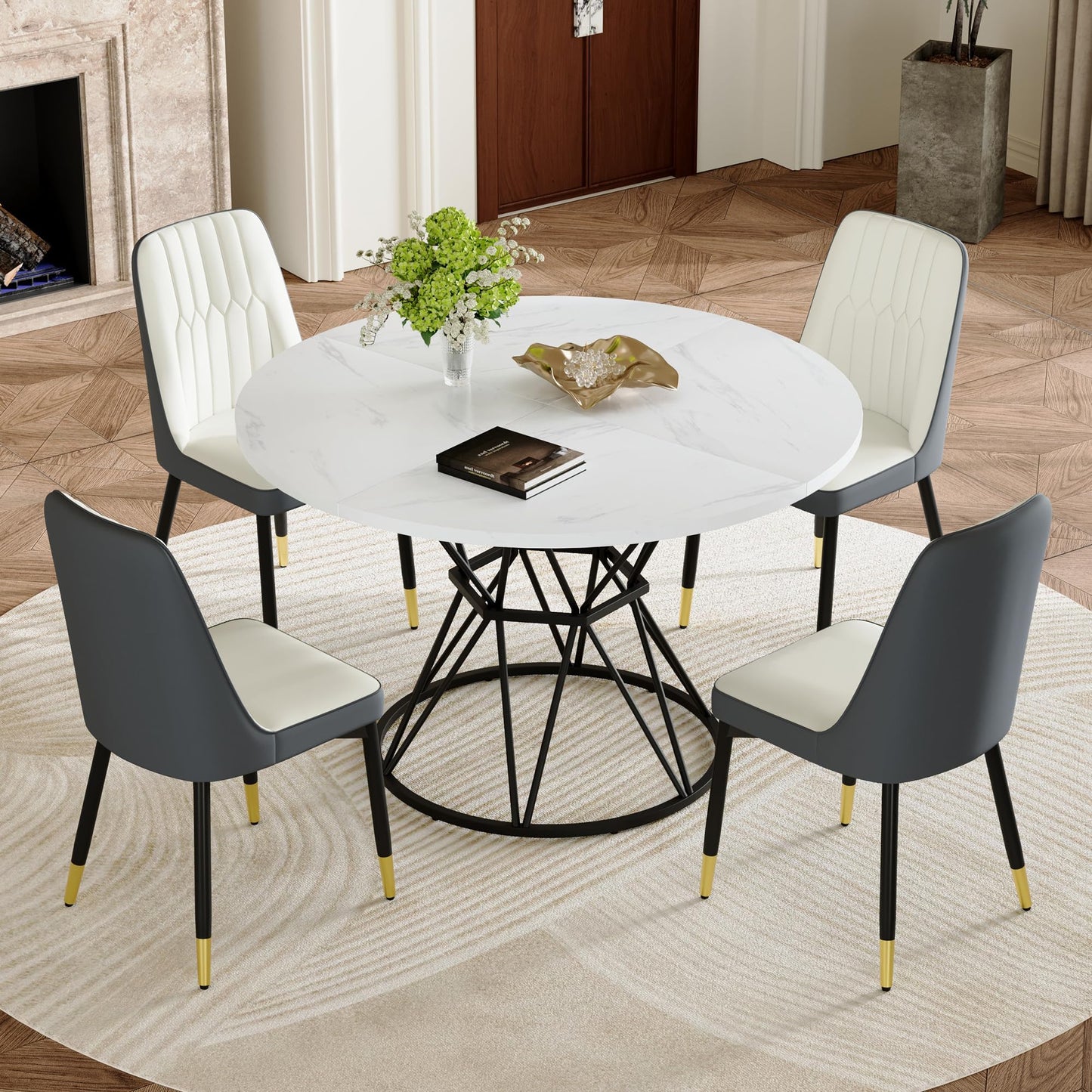KEIKI Round Dining Table Set for 4, 47.3" White Faux Marble Kitchen Table with Black Metal Base & 4 White Gray PU Leather Chairs, Modern Industrial Dining Room Set with Gold Accent for Apartment