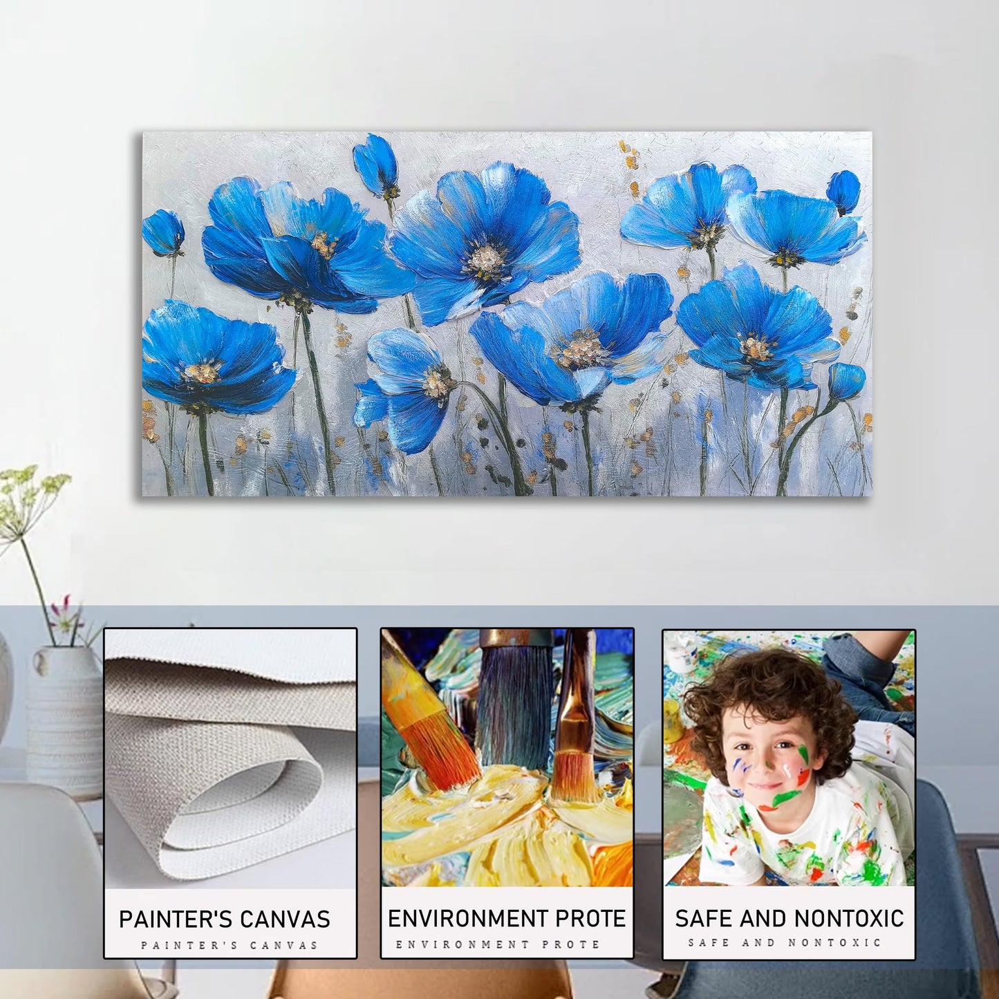 Tarfupth Blue Floral Canvas Wall Art for Bedroom Botanical Painting Wildflower Pictures Large Artwork for Living Room Office Home Wall Decor 20x40 Inch
