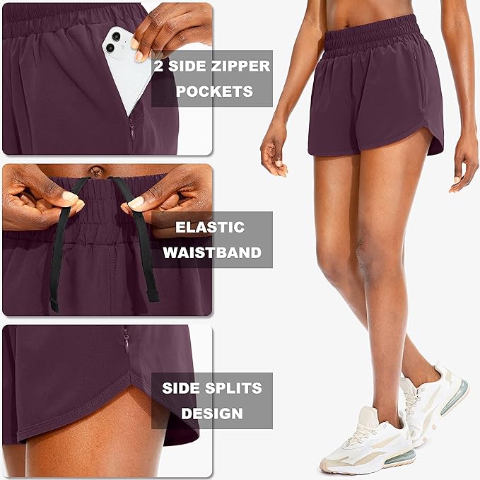 SANTINY Women's Running Shorts with Zip Pockets High Waisted Athletic Workout Gym Shorts for Women with Liner