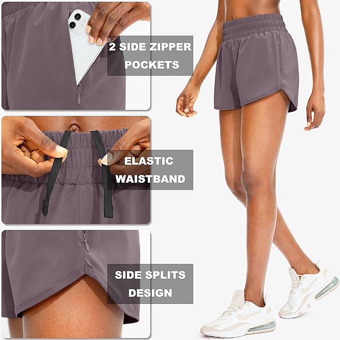 SANTINY Women's Running Shorts with Zip Pockets High Waisted Athletic Workout Gym Shorts for Women with Liner