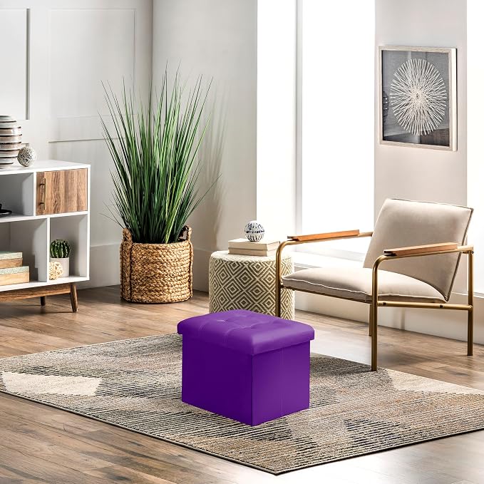 AmasSmile Storage Ottoman Foot Rest Stool, 17 inch Velvet Footstool Bench, Short Ottomans Stool, Small Folding Storage Ottoman Store Books, Records, Purple