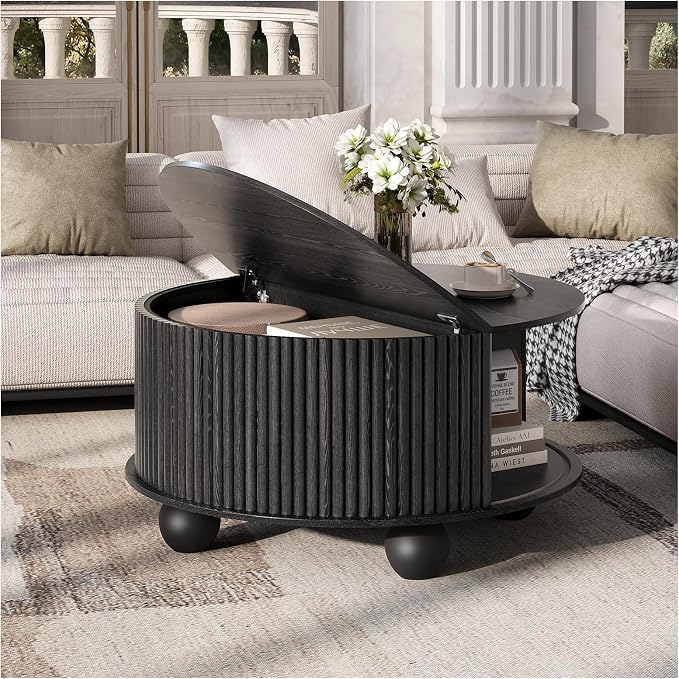 JOINICE Black Round Coffee Table with Storage, 31.5" Fluted Drum Center Table with Sliding Door, Modern Farmhouse Wood Circle Table with Bun Feet for Living Room