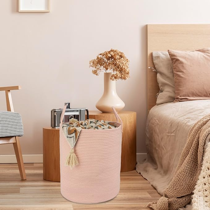 XUANGUO Cotton Rope Laundry Basket Hamper for Clothes Woven Storage Basket for Living Room Bedroom Boho Tall Rope Baskets for Blanket Toys Pillow Towels Baby Nursery Hamper Bin coral pink