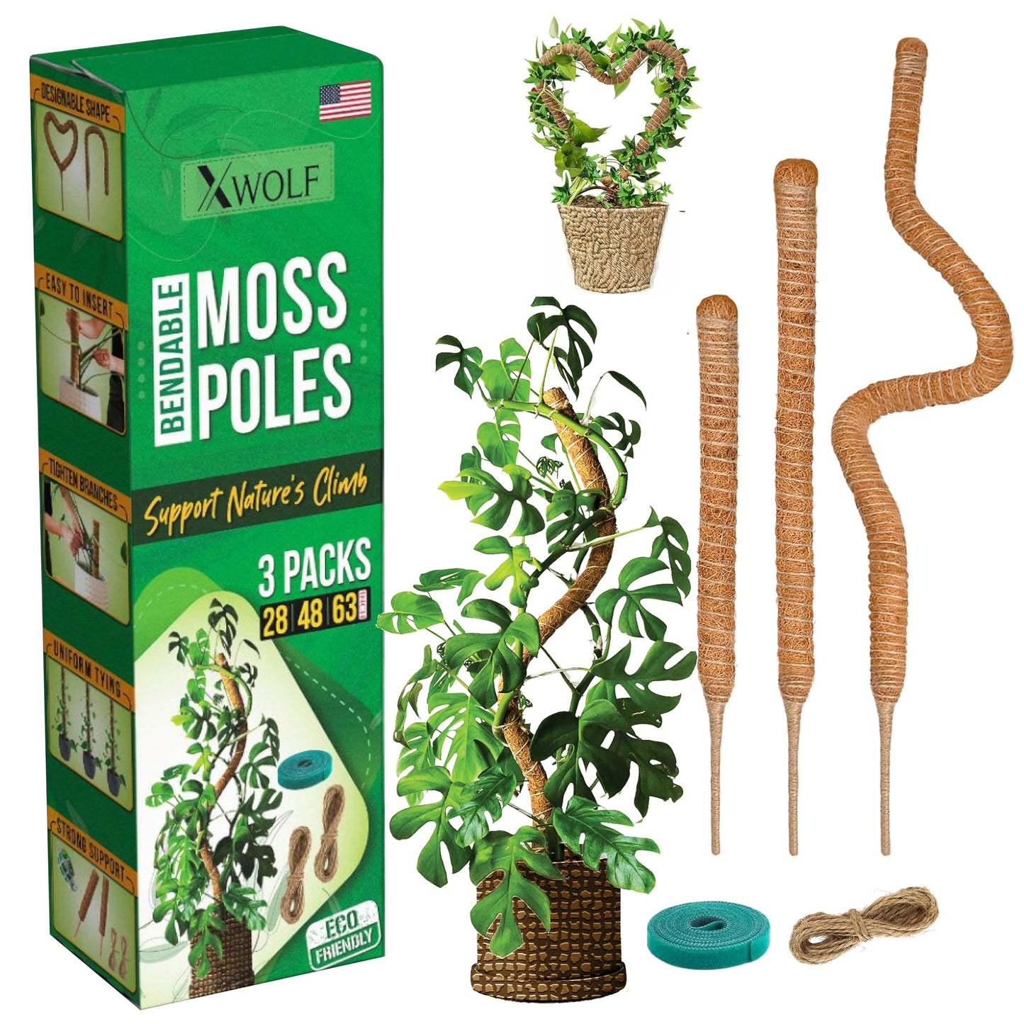 XWOLF 3 Pack Bendable Moss Pole 28" 48" 63" Monstera Plant Support for Climbing Indoor Plants, Tall Coir Plant Pole Sticks & Plant Stakes for Pothos, Philodendron & Potted Plants, Includes Plant Ties