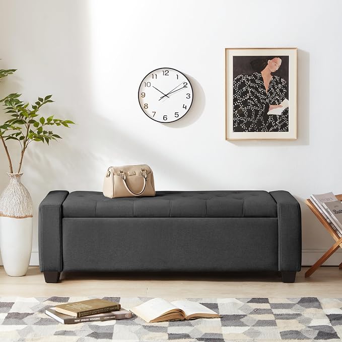 Huatean Home 48" Ottoman with Storage, Storage Ottoman Bench with Safety Hinge, Upholstered Entryway Bench with Seating for Bedroom, Living Room, Holds up to 330 lb, Dark Gray