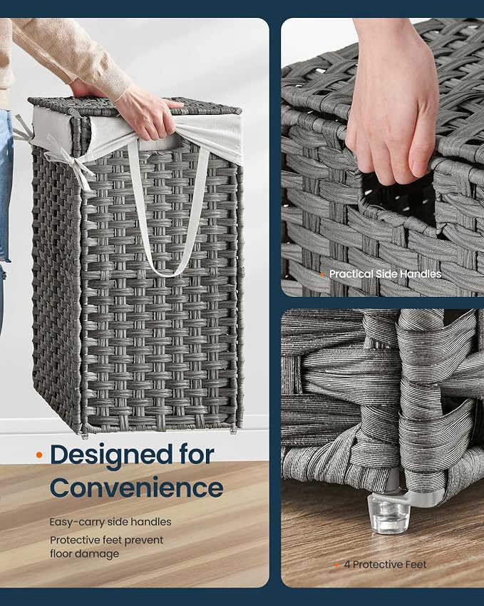 SONGMICS HOME Laundry Hamper with Lid, Clothes Basket with Removable Liner and Handles, 23.8 Gallon, Foldable Narrow Laundry Organizer for Bathroom, Bedroom, Gray