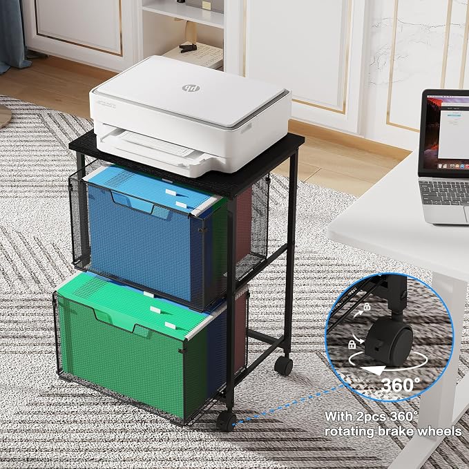 Sbanmao Letter/Legal Rolling File Cart with 2 Storage Drawers, Under Desk Storage, Vertical Filing Cabinet for Home Office, Hanging File Folders Organizer, Mobile Utility Cart Printer Stand, Black