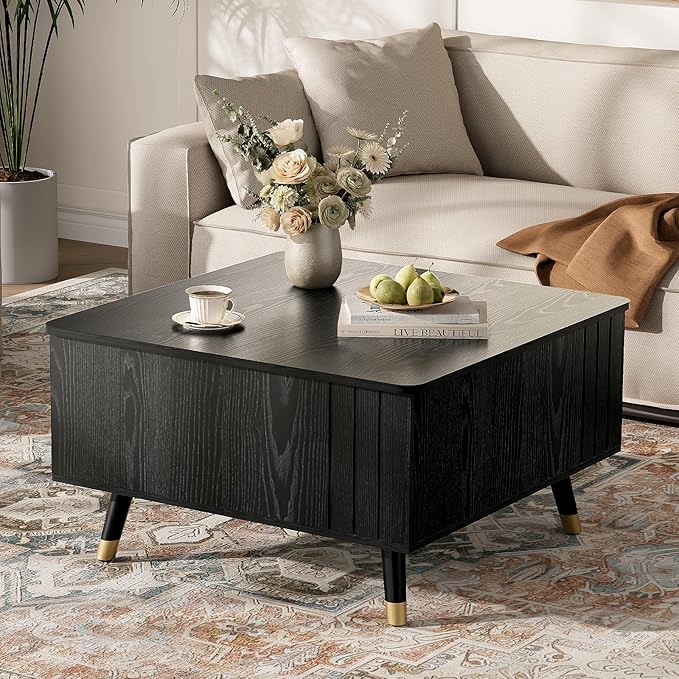 JOINICE 32" Square Lift Top Coffee Table with Storage, Modern Black Center Table for Living Room, Minimalist Wood Cocktail Table with Rising Desktop, Home Office