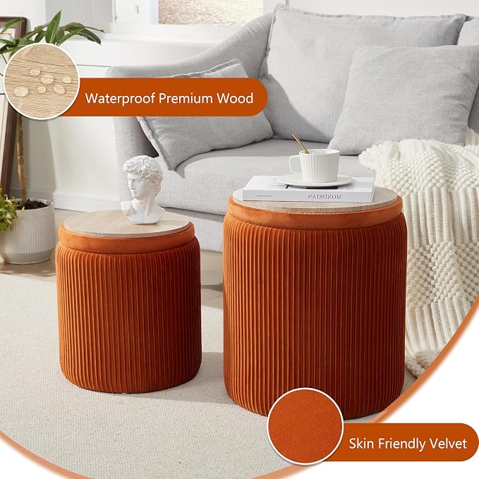 Royal Windsor Round Ottoman with Storage Set of 2,Vanity Stool with Storage for Bedroom, Ottoman Coffee Table,Small Velvet Foot Stool for Living Room, Orange