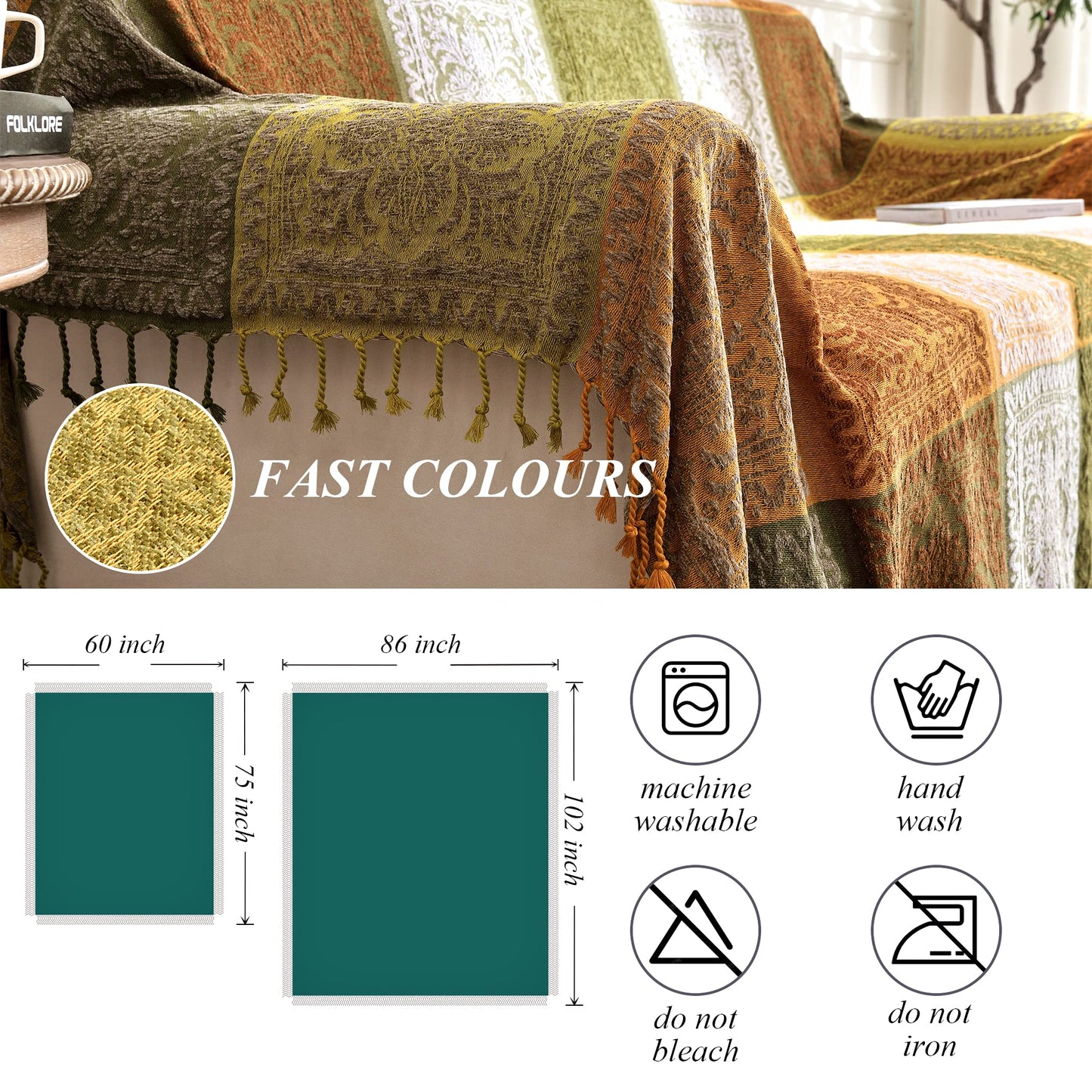 Edcooy Boho Couch Cover, Bohemian Throw Blanket Tassels Hippie Decor Covers Sofa Chair loveseat Furniture Bed， Bohemian Tribal Fringe slipcover (Green, 60x75)…