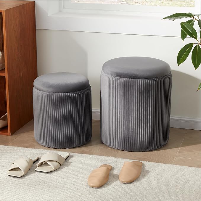Royal Windsor Round Ottoman with Storage Set of 2,Vanity Stool with Storage for Bedroom, Ottoman Coffee Table,Small Velvet Foot Stool for Living Room,Grey