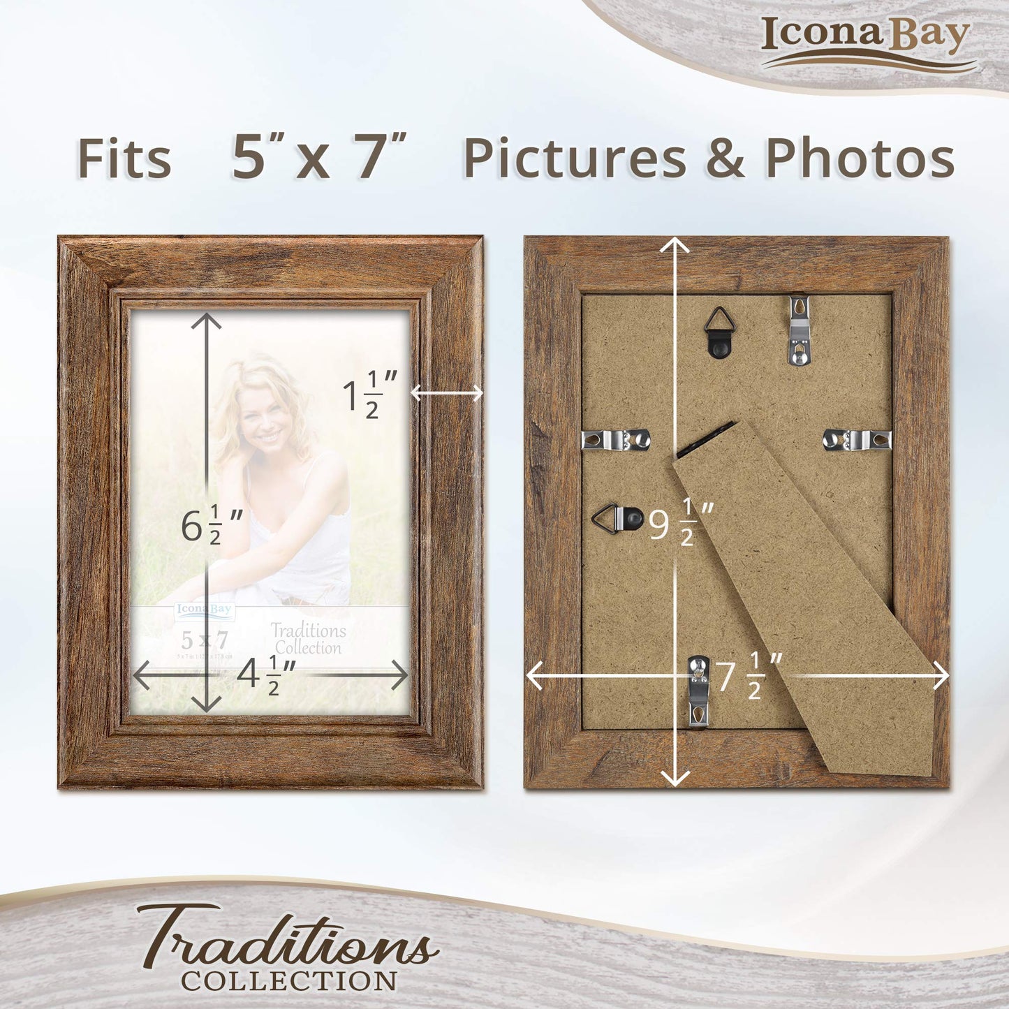 Icona Bay - 5x7 Chestnut Brown Picture Frame - Rustic Wood Pattern - Lightly Distressed Frame for Table Top Display or Wall Mount - Traditions Collection