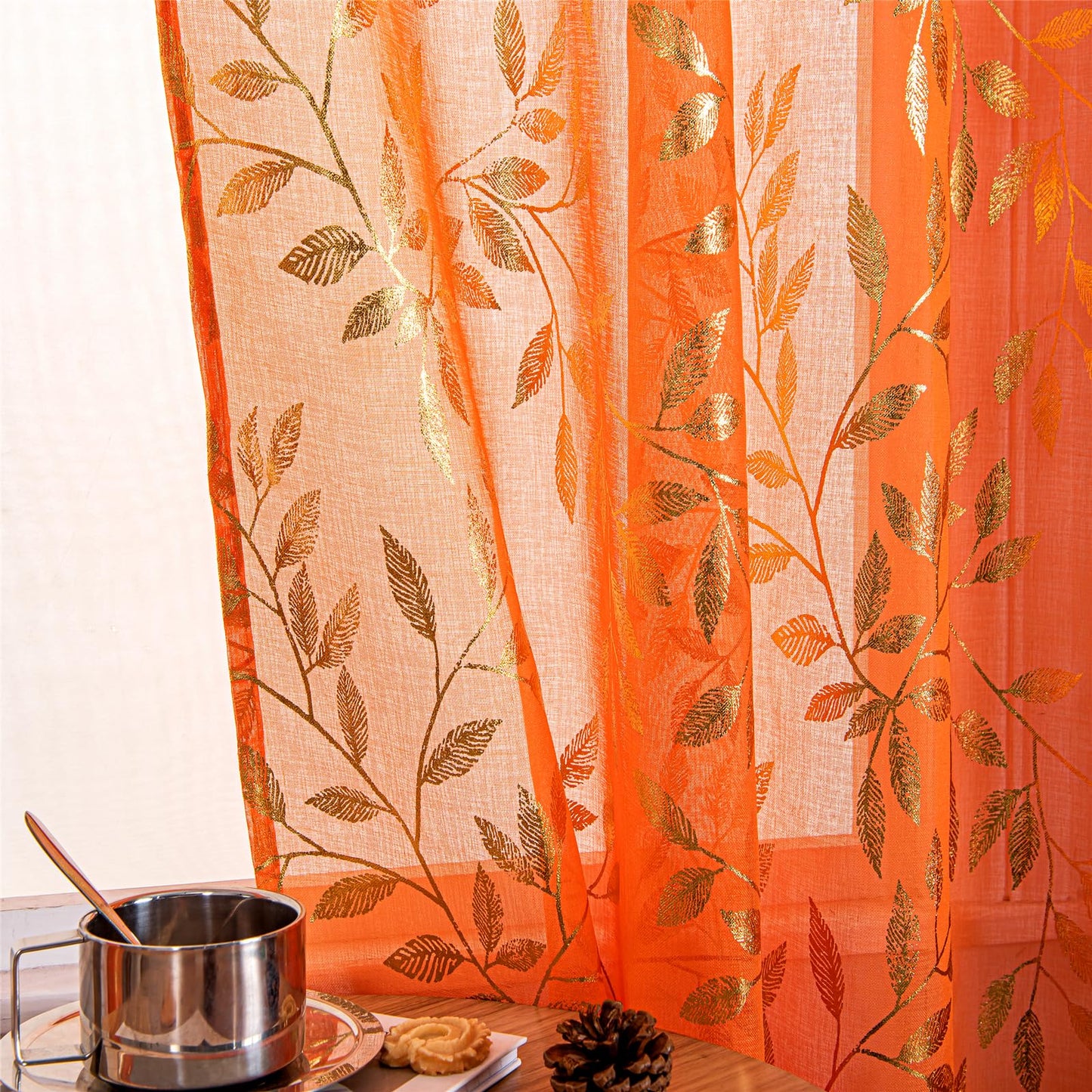 Deeprove Orange Burnt Sheer Curtains 84 inches Long 2 Panels for Bedroom Living Room, Abstract Metallic Gold Foil Vine Leaves Print Window Treatments Pair Set for Fall Halloween Decor, W52 x L84