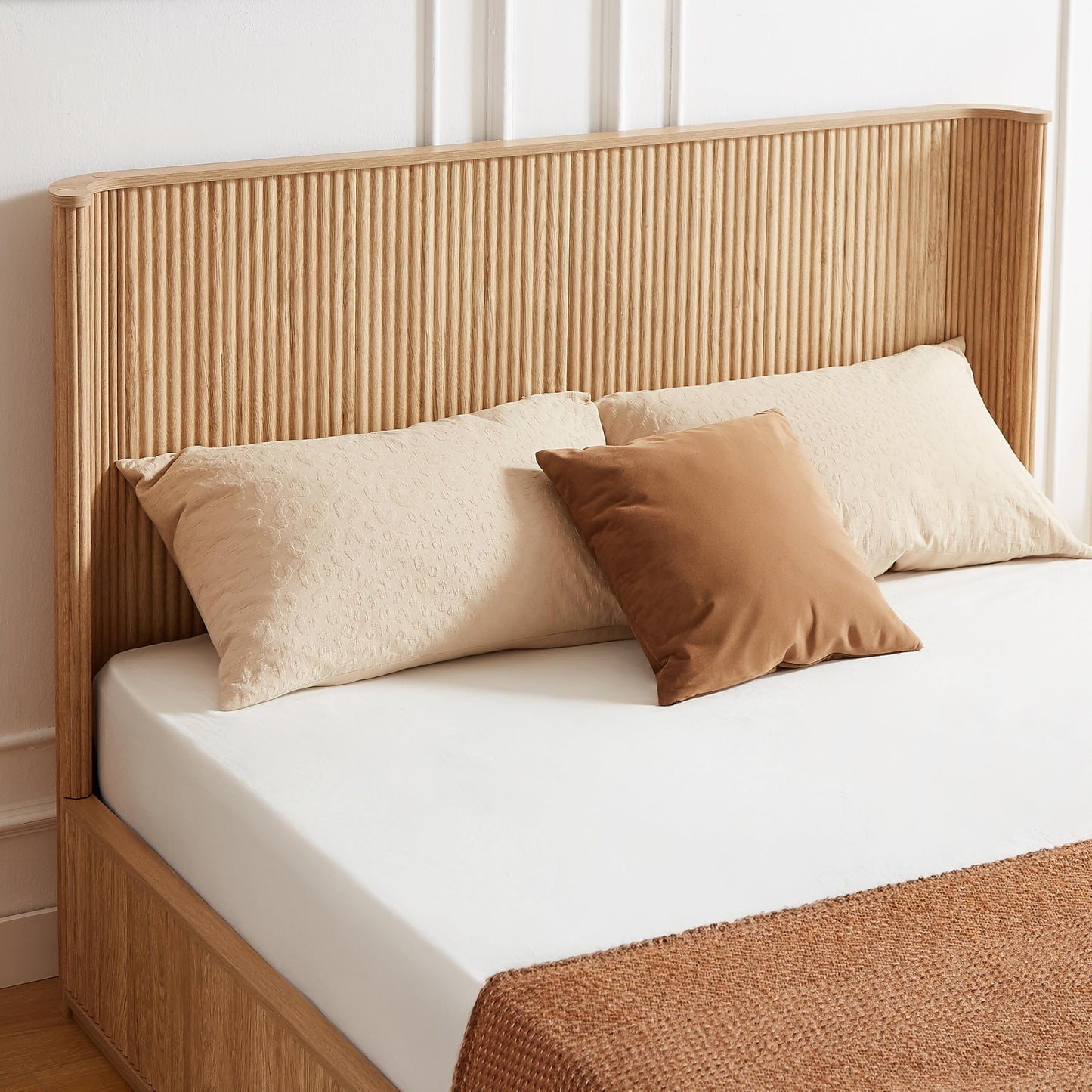 KEIKI Queen Bed Frame with 44" Tall Fluted Headboard, Natural Oak Platform Bed Frame, Modern Wood Bed Frame with Solid Slats, No Box Spring Needed, Noise-Free, Easy Assembly
