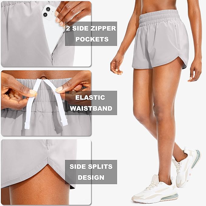 SANTINY Women's Running Shorts with Zip Pockets High Waisted Athletic Workout Gym Shorts for Women with Liner