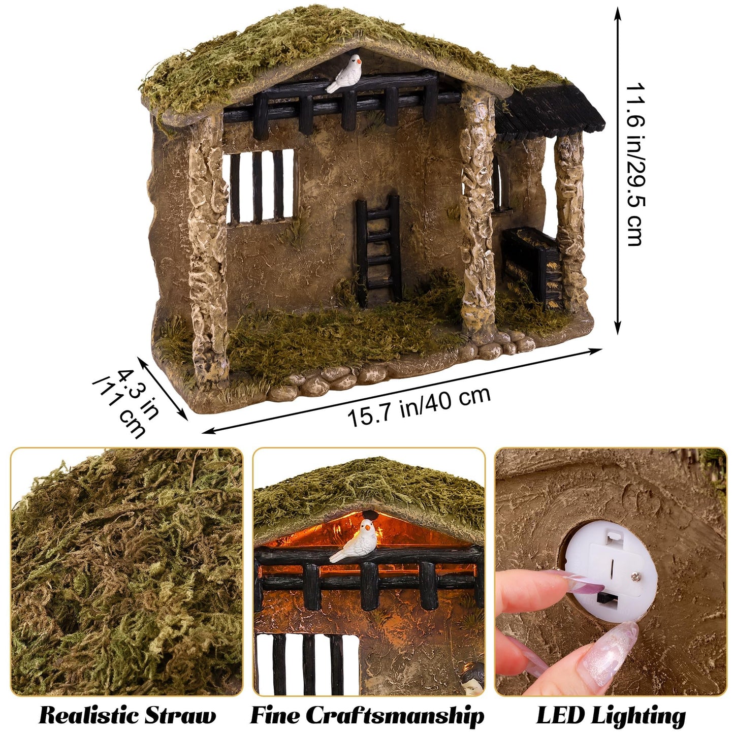 Fovths 17 Pieces Lighted Nativity Christmas Nativity Stable Manger Religious Nativity Stable Manger Figurine Resin Decor for Deluxe Edition Led Nativity Tabletop Holiday Centerpieces Decor, 7 Inch
