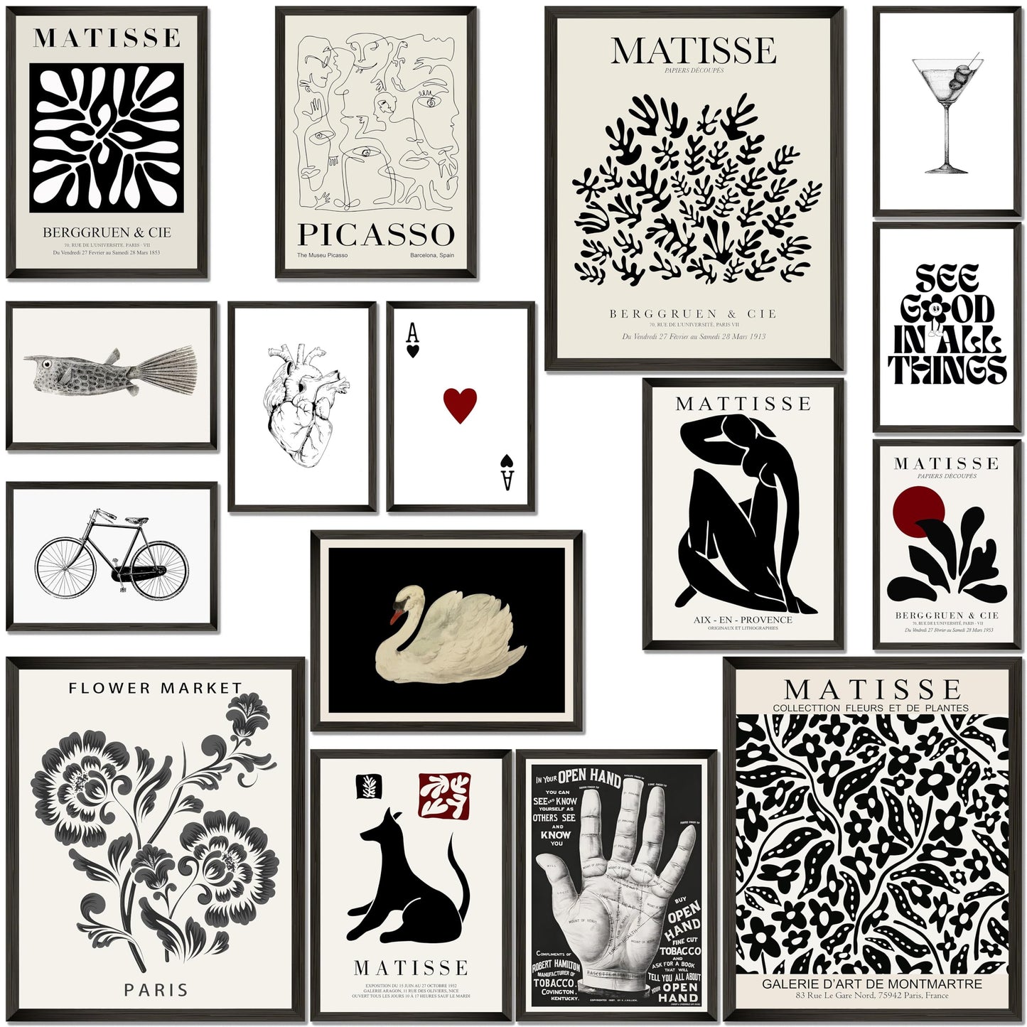 LANCHI95 16 PCS Black and White Home Decor, Eclectic Wall Art, Minimalist Posters for Living Room Aesthetic, Matisse Abstract Gallery Wall Prints for Bedroom, Collage Kit Pictures (UNFRAMED, Black Eclectic 1)