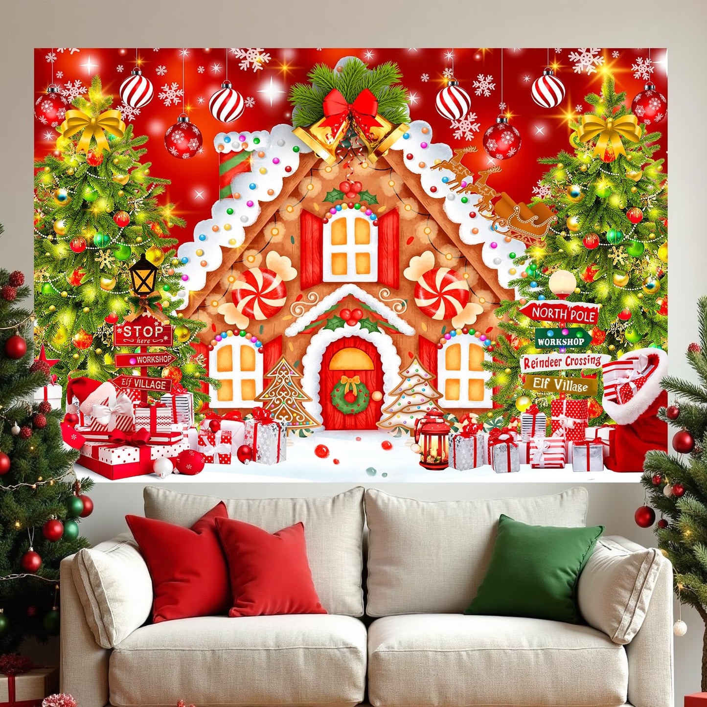 Christmas Backdrops for Photography, Gingerbread House Photo Backdrop for Wall Photoshoot, Xmas Background Holiday Party Decorations 7x5ft