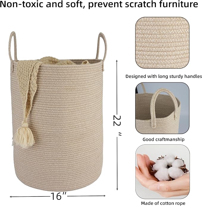 XUANGUO Cotton Rope Laundry Basket Hamper for Clothes Woven Storage Basket for Living Room Bedroom Boho Tall Rope Baskets for Blanket Toys Pillow Towels Baby Nursery Hamper Bin Large oatmeal