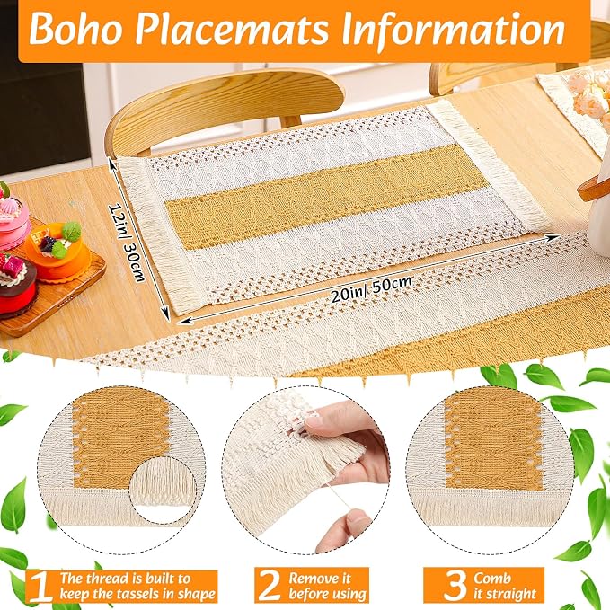 6 Sets Boho Decoration Placemats Round Woven Placemats, Cloth Napkins, Wood Bead Napkin Rings, Long Table Runner and Farmhouse Burlap Cotton for Table Kitchen (Yellow,12x72)