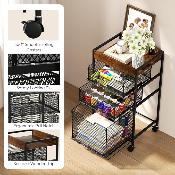 SWTYMIKI Rolling File Cart with Drawers - 4 Tier Under Desk Storage Craft Rolling Organizer Cart - Office Storage &Organization, Mobile Metal Filing Cabinet for Office and Home Espresso