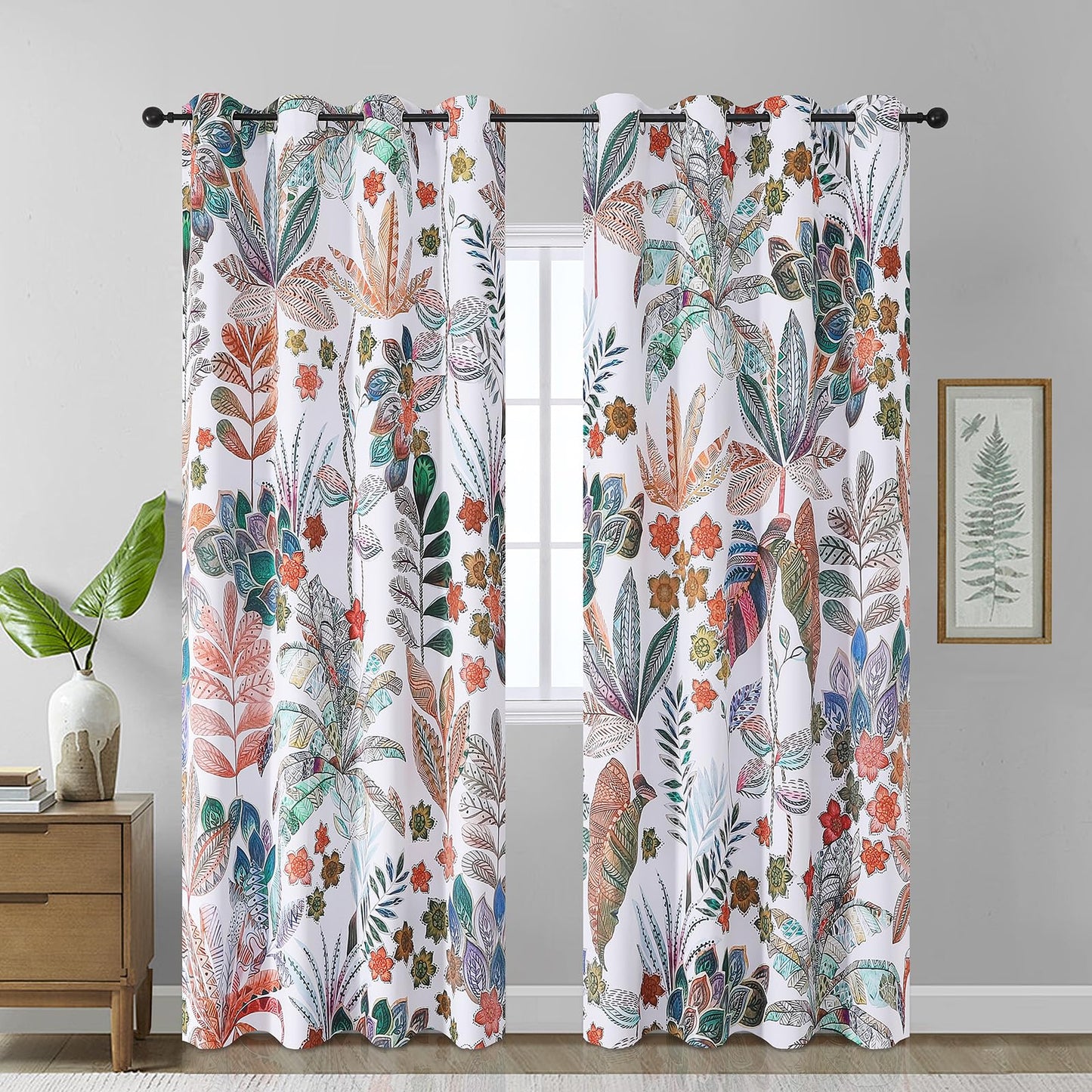 Estelar Textiler Maple Leaves Room Darkening Boho Curtains 84 inch Length 2 Panels Set for Living Room, Watercolor Leaf Pattern Design Grommet Window Floral Drapes for Bedroom, 52Wx84L