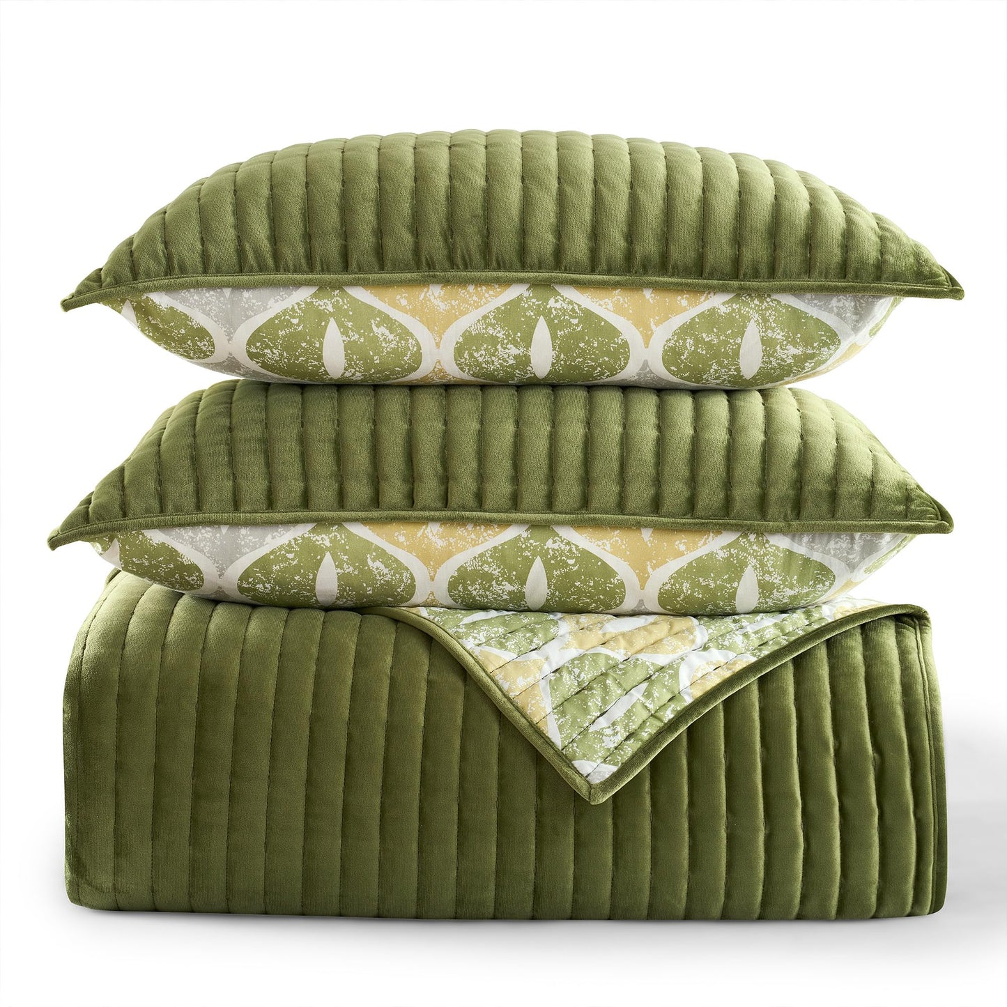Wonderful King Quilt Set, Cotton Reversible Lightweight Comforter, Striped Channel Stitch Green Velvet Bedding with Ogee Printed, Breathable & Comfortable, Suitable for All Season Bedroom Use,106"x94"