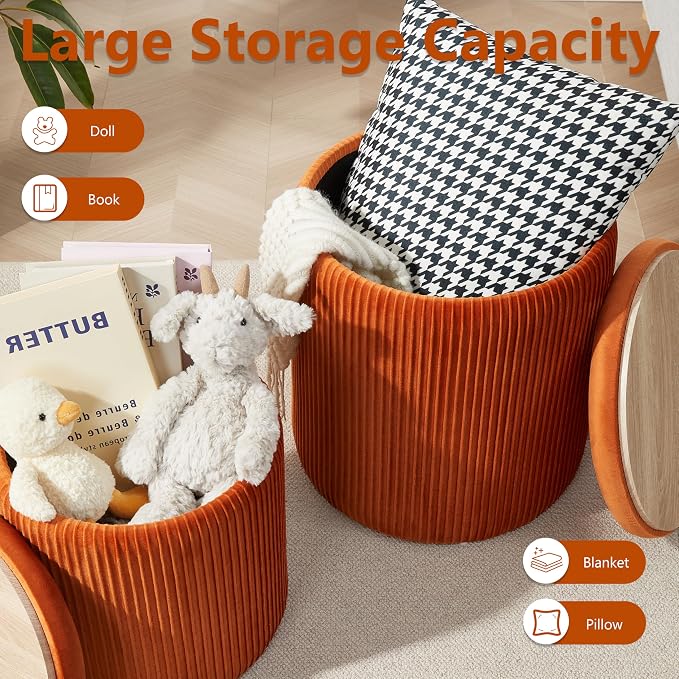Royal Windsor Round Ottoman with Storage Set of 2,Vanity Stool with Storage for Bedroom, Ottoman Coffee Table,Small Velvet Foot Stool for Living Room, Orange