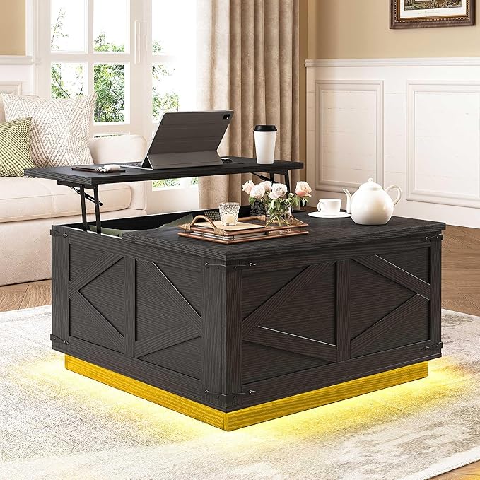 Jocoevol Farmhouse Lift Top Coffee Table, Square Wood Center Table with LED Lighting, USB-C Charging Station, and Hidden Storage Compartment - Rustic Black Living Room Furniture