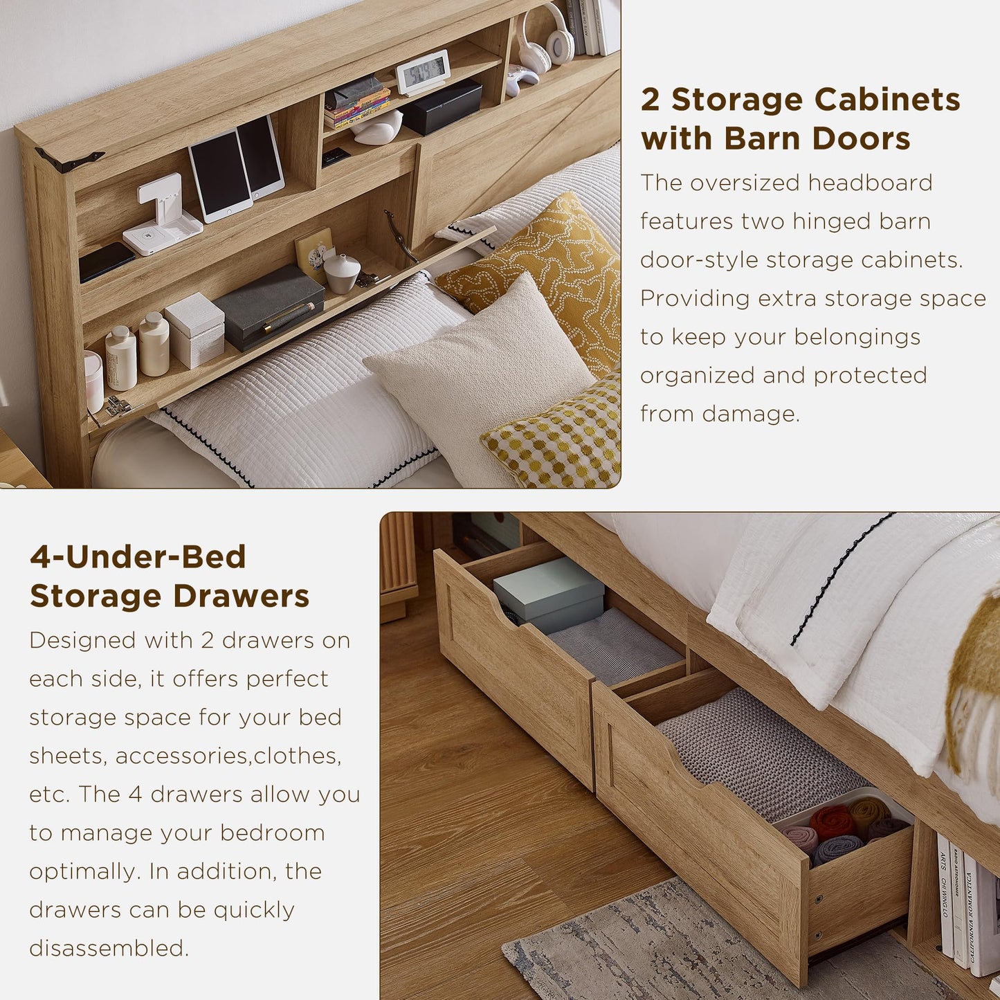 ACCOHOHO Farmhouse Queen Size Bed Frame with 52" Storage Bookcase Headboard and 4 Drawers,Wood Bed Frame with LED Light and Charging Station,Natural Oak