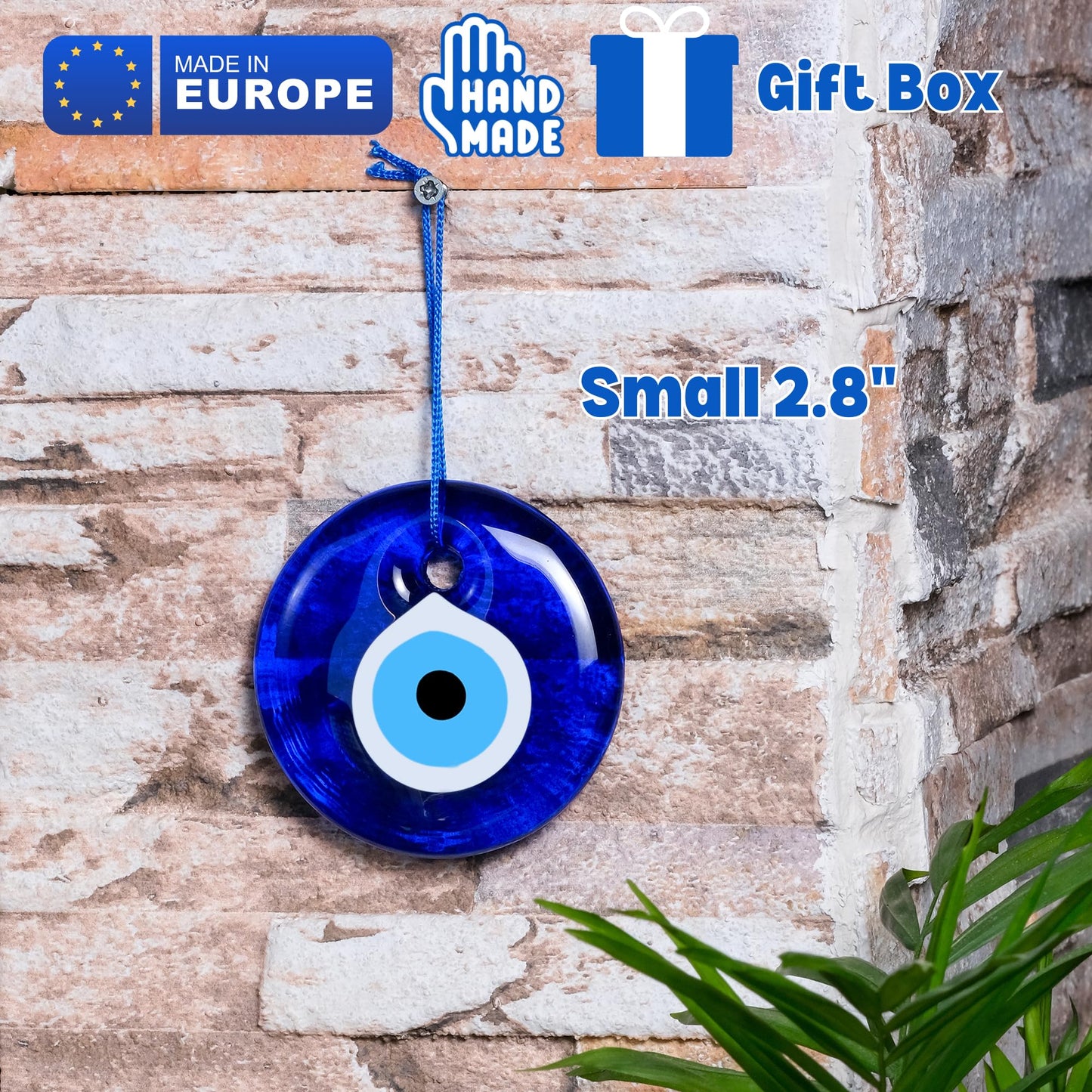 BCS Blue Evil Eye Decor 2.8" Wall Hanging Ornament Glass Handmade Turkish Greek Nazar Amulet Good Luck and Protection Charm for Home, Office, Garden, Door Ojo Turco (in Box)
