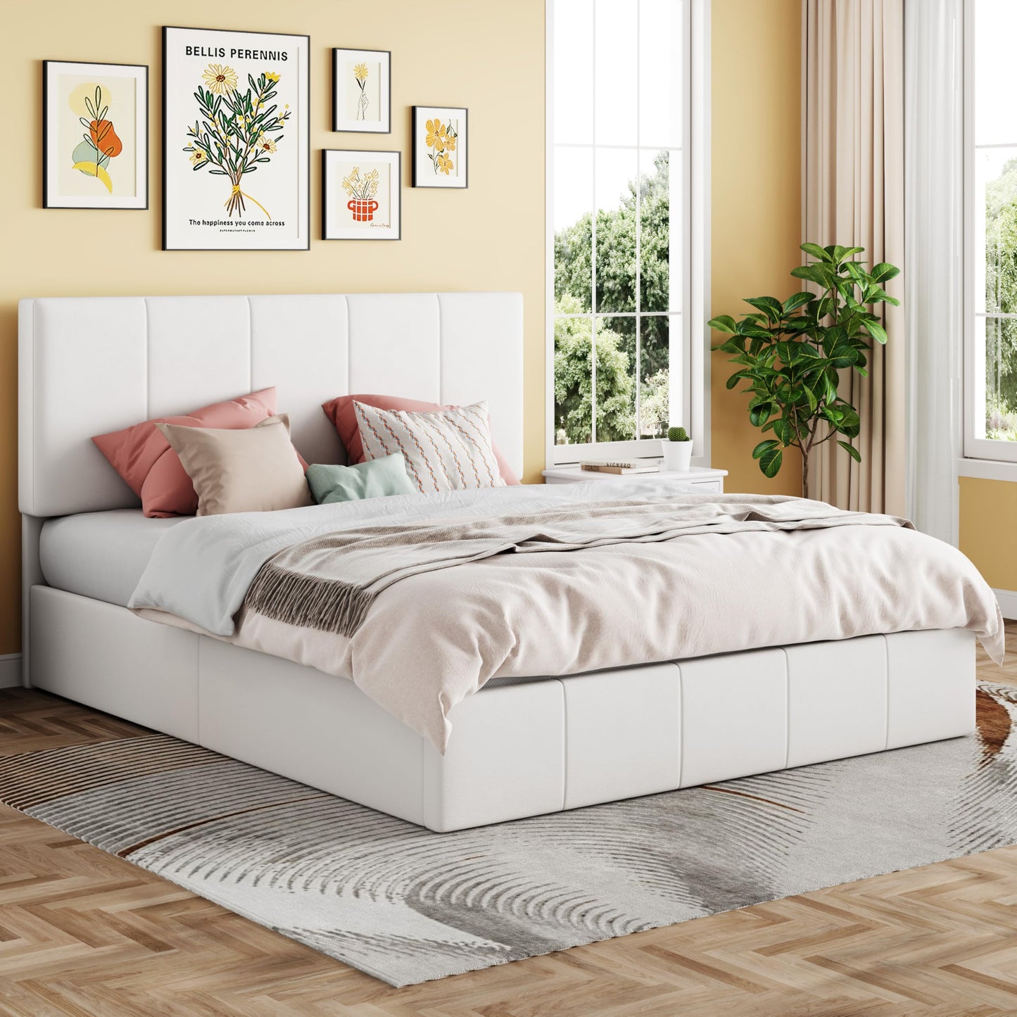 SHA CERLIN Queen Size Lift Up Storage Bed Frame, Adjustable Headboard, Hydraulic Support, Velvet Upholstered, Easy Installation, No Box Spring Needed, White