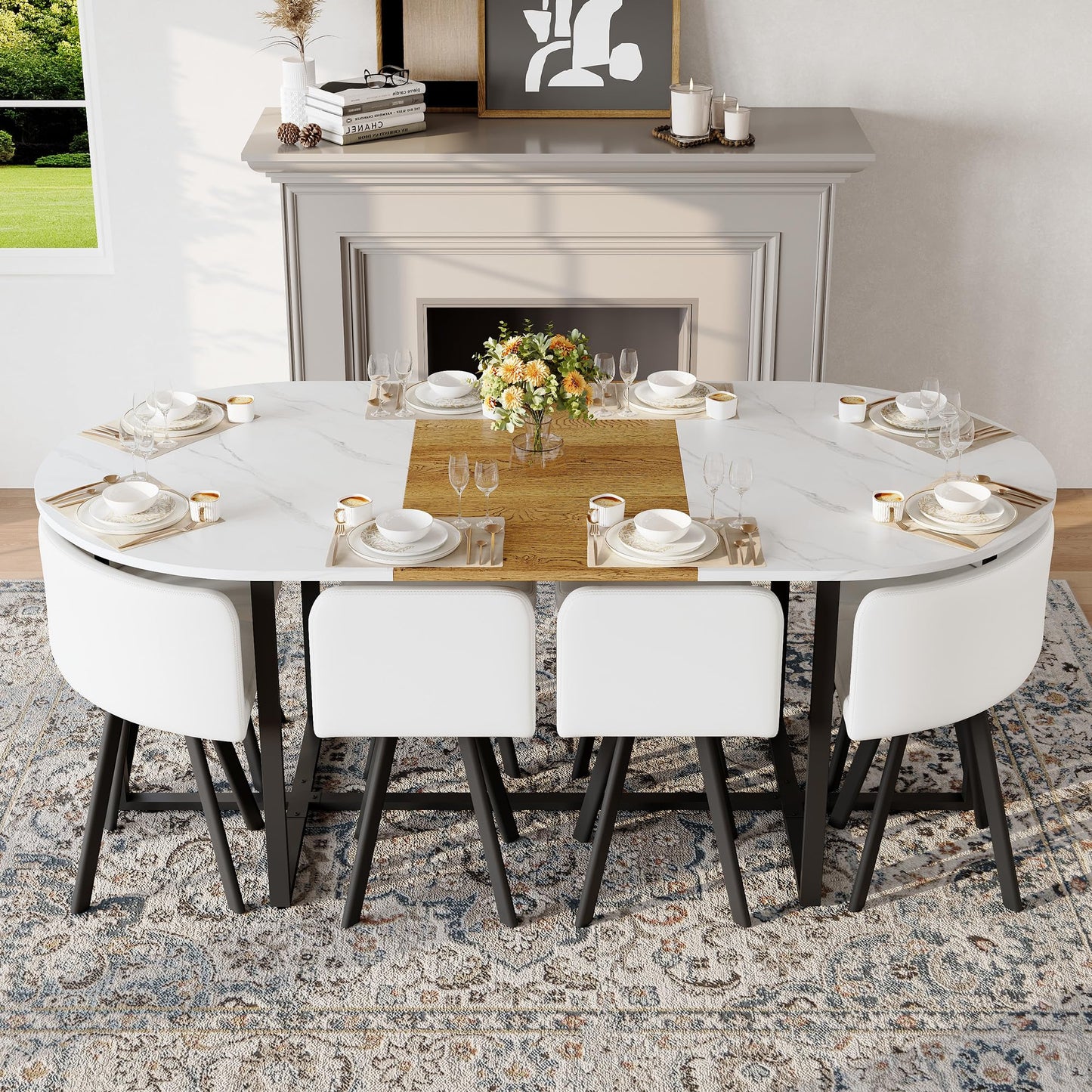 KEIKI 9-Piece Dining Table Set for 8, 78.7" Large Extendable Kitchen Table Set with 8 PU Leather Chairs, Modern Oval Wooden Table with Faux Marble Tabletop for Gatherings, Dining Room, Double White