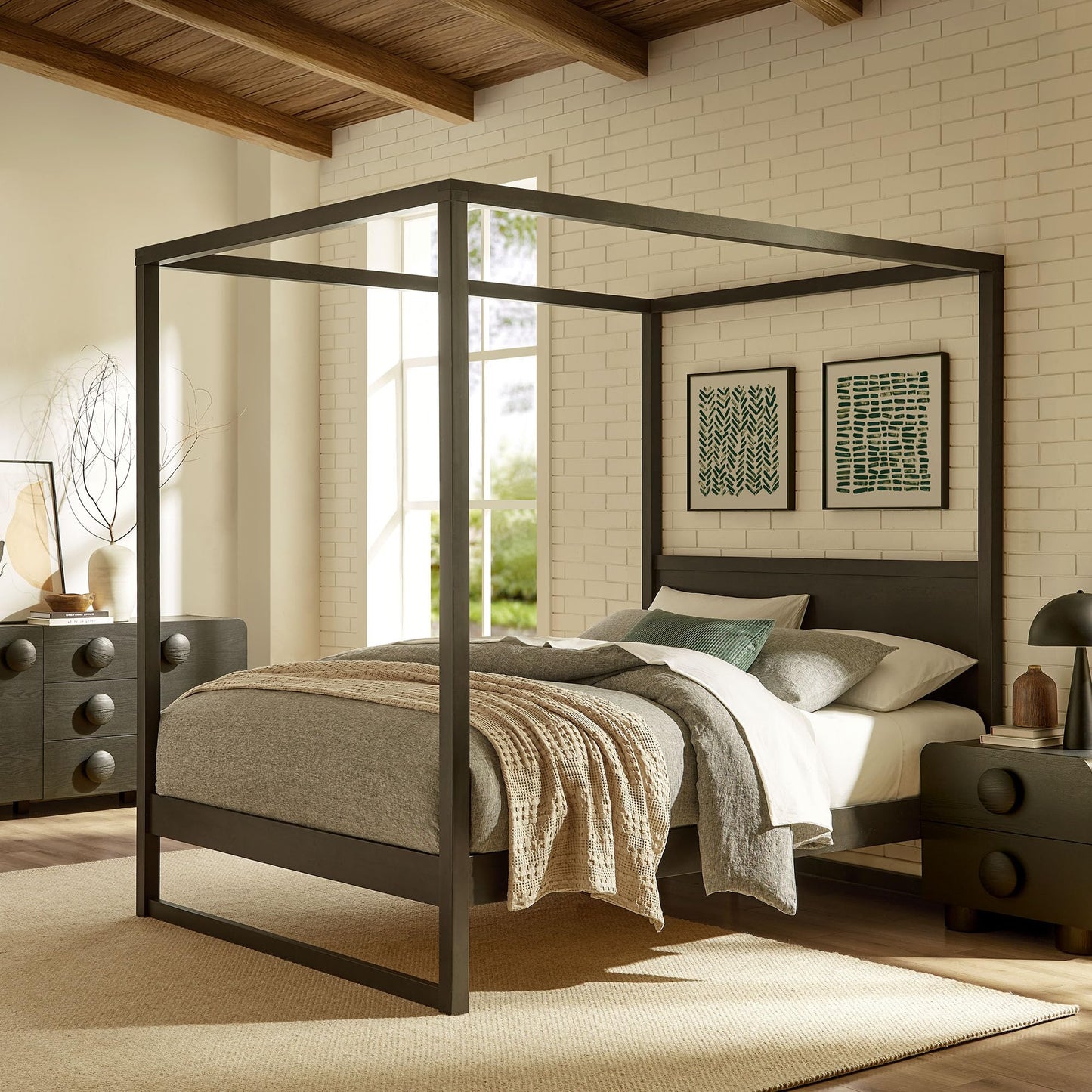Modway Alva Queen Size 4-Post Wood Platform Canopy Bed in Smoked Oak – with with Headboard and Solid Rubberwood Frame