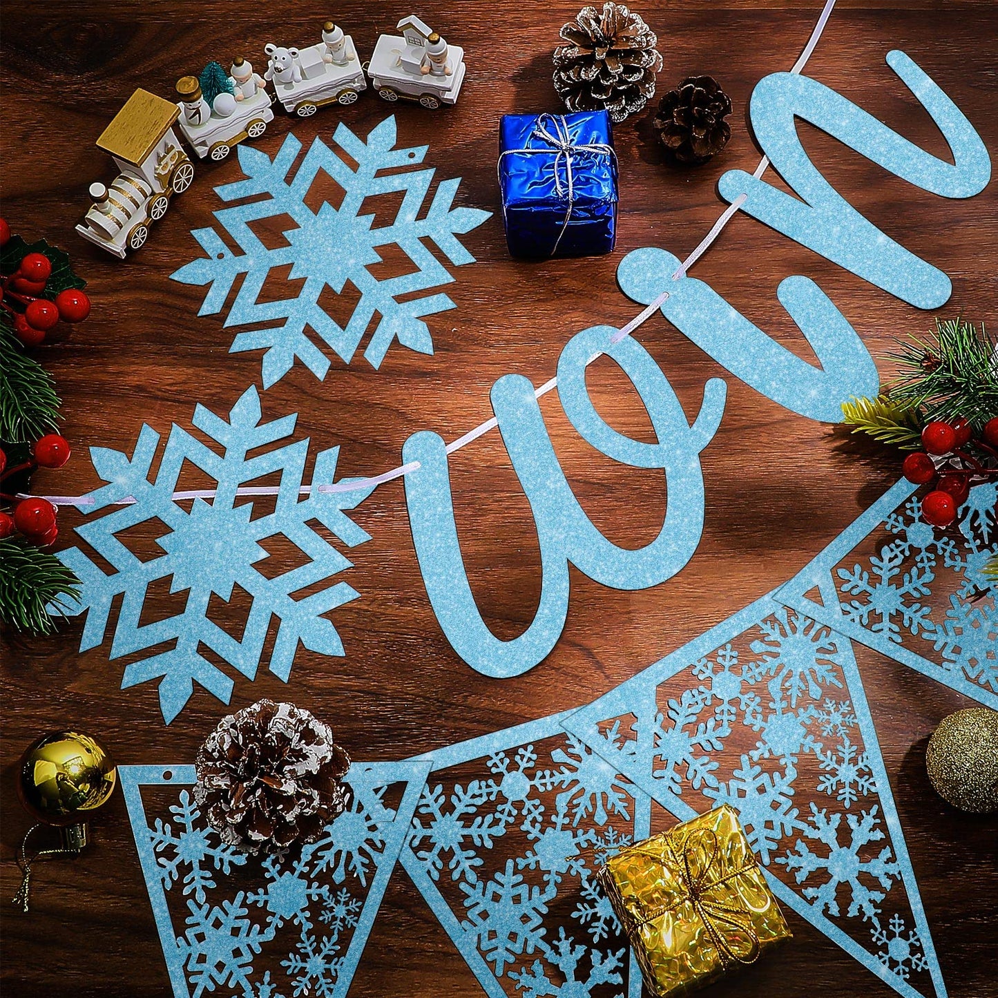 Gersoniel 3 Pack Winter Snowflake Wonderland Banner Snowflake Garland Christmas Hanging Decorations for Winter Christmas New Year Wonderland Party Supplies Home Mantle Office Decorations(Blue, Silver)