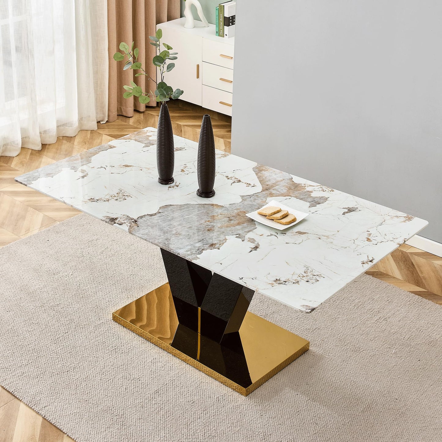 gopop Marble Dining Table,Modern Dining Room Table with Golden Stainless Steel Base,Marble Kitchen Table for 8 People,71'' Gold Dining Table Ideal for Living Room Home Office