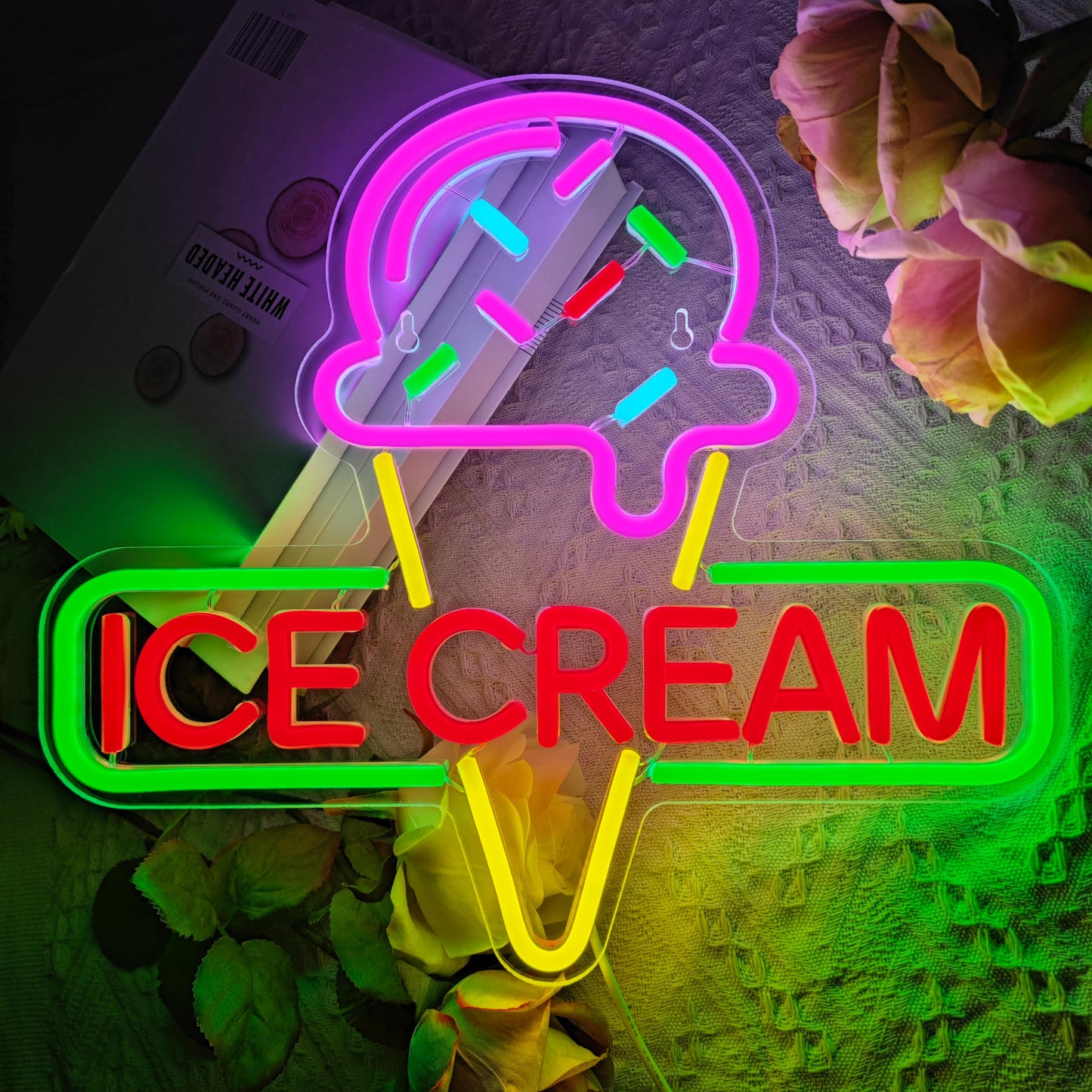 Ice Cream Neon Sign Light up Acrylic LED Lamp with USB Powered Ice Cream Letter Neon Light for Business Store Cafe Drink Shop Office Bedroom Restaurant Decor Adjust Brightness