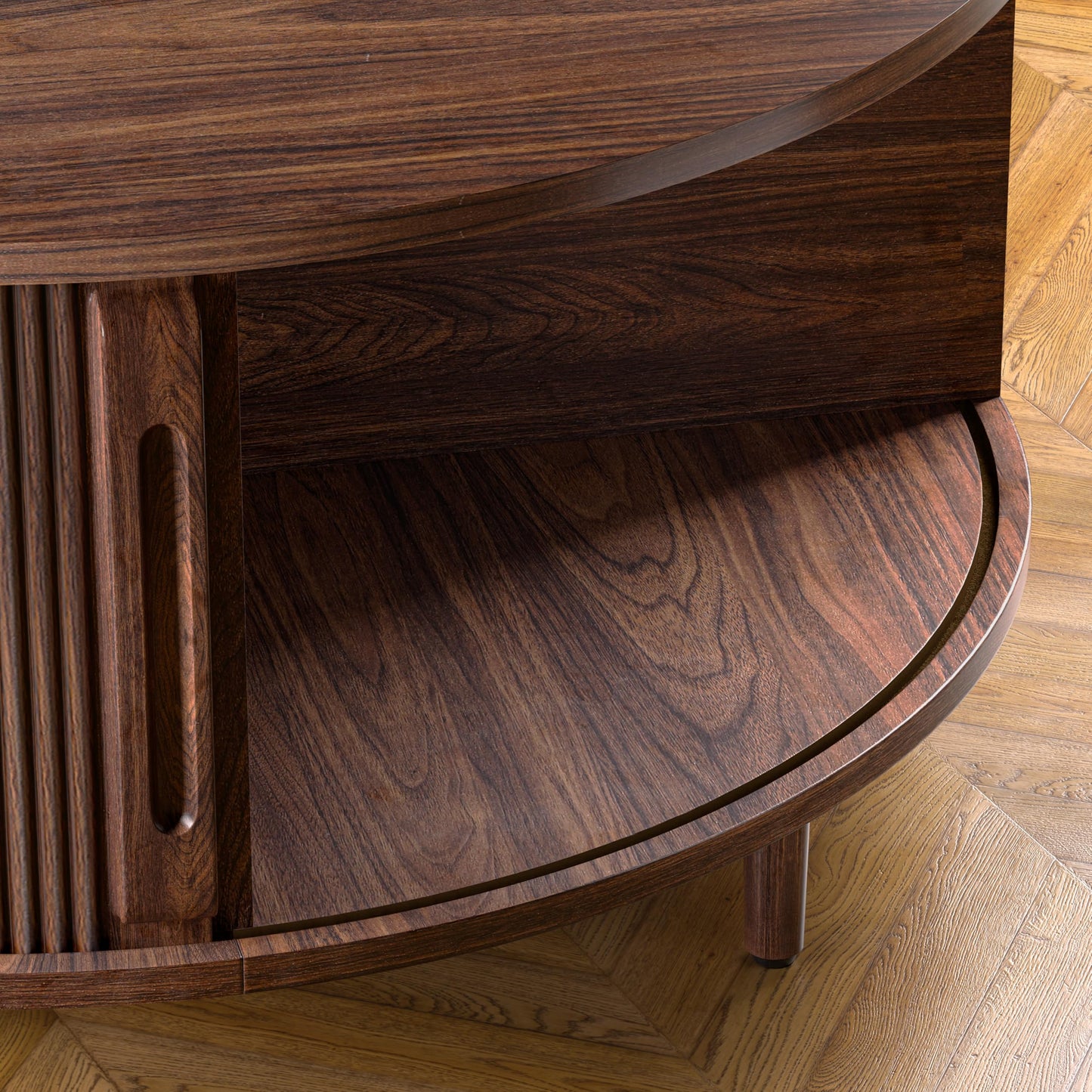 Round Coffee Table, 31.5" Fluted Center Table with Storage, Lift-Top Coffee Table with Adjustable Footpads, Sliding Door, Mid-Century Modern Center Table for Living Room, Small Space (Warm Walnut)