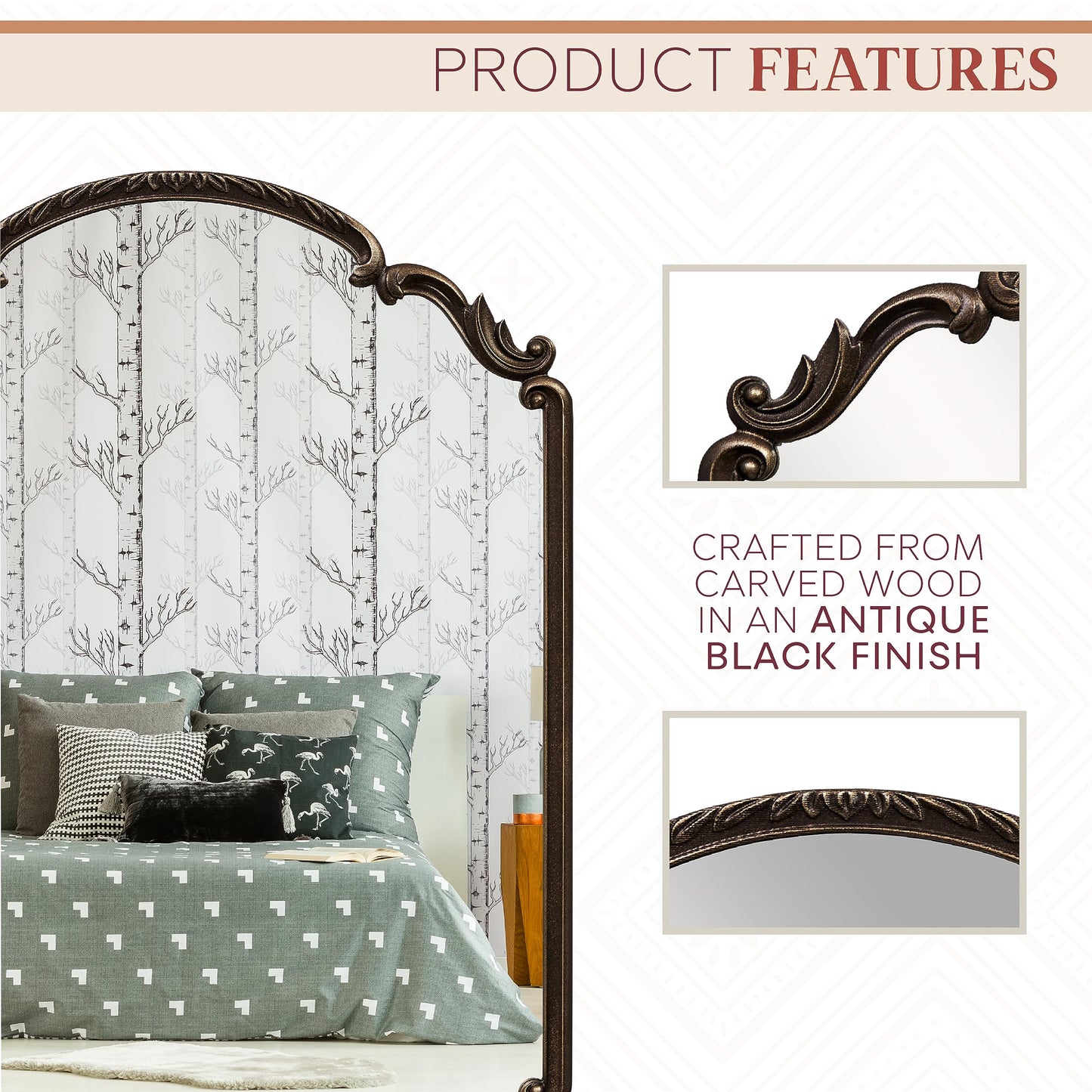 Wylde Iris English Estate Carved Arch Wood Wall Mirror, Mirror for Entryway, Living Room, Bathroom, Antique Black, 22x30