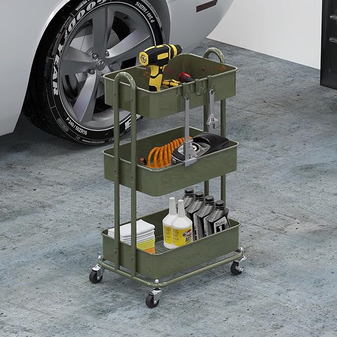 Simple Houseware 3-Tier Heavy Duty Metal Utility Rolling Cart, Army Green