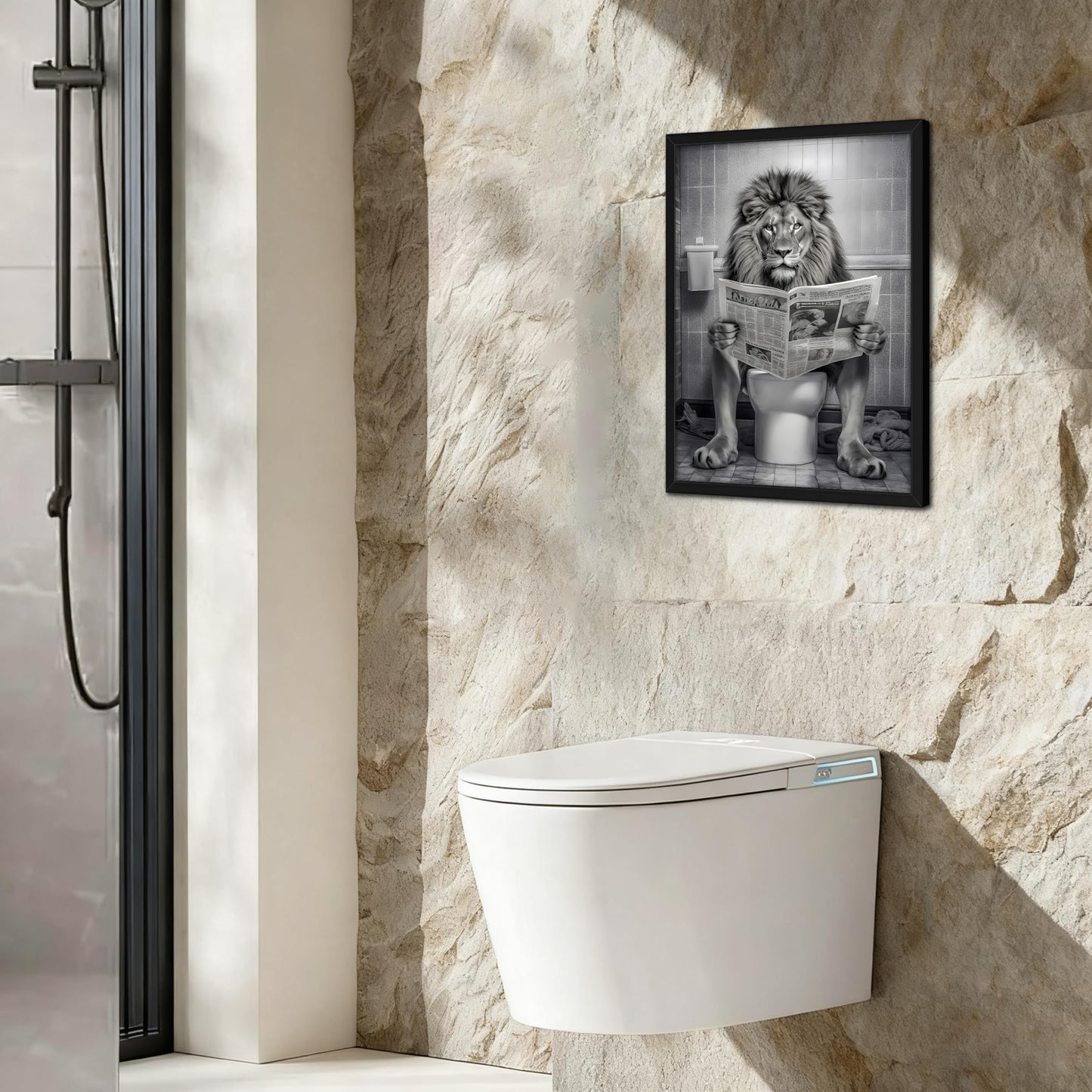 Funny Lion Bathroom Wall Art, Black and White Lion in Toilet Wall Decor, Humorous Animal Restroom Poster Canvas Painting Prints Artwork 8x10 inch Framed